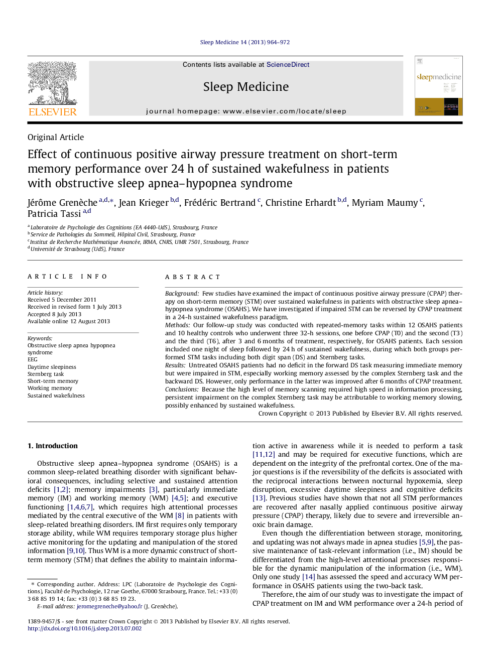 Effect of continuous positive airway pressure treatment on short-term memory performance over 24Â h of sustained wakefulness in patients with obstructive sleep apnea-hypopnea syndrome