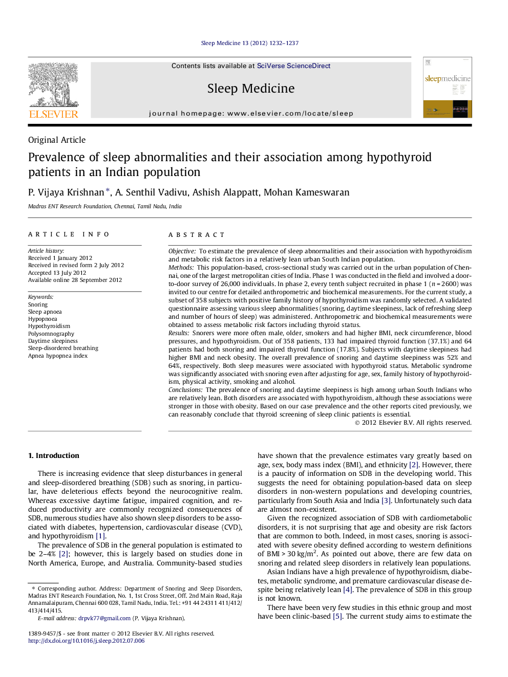 Prevalence of sleep abnormalities and their association among hypothyroid patients in an Indian population