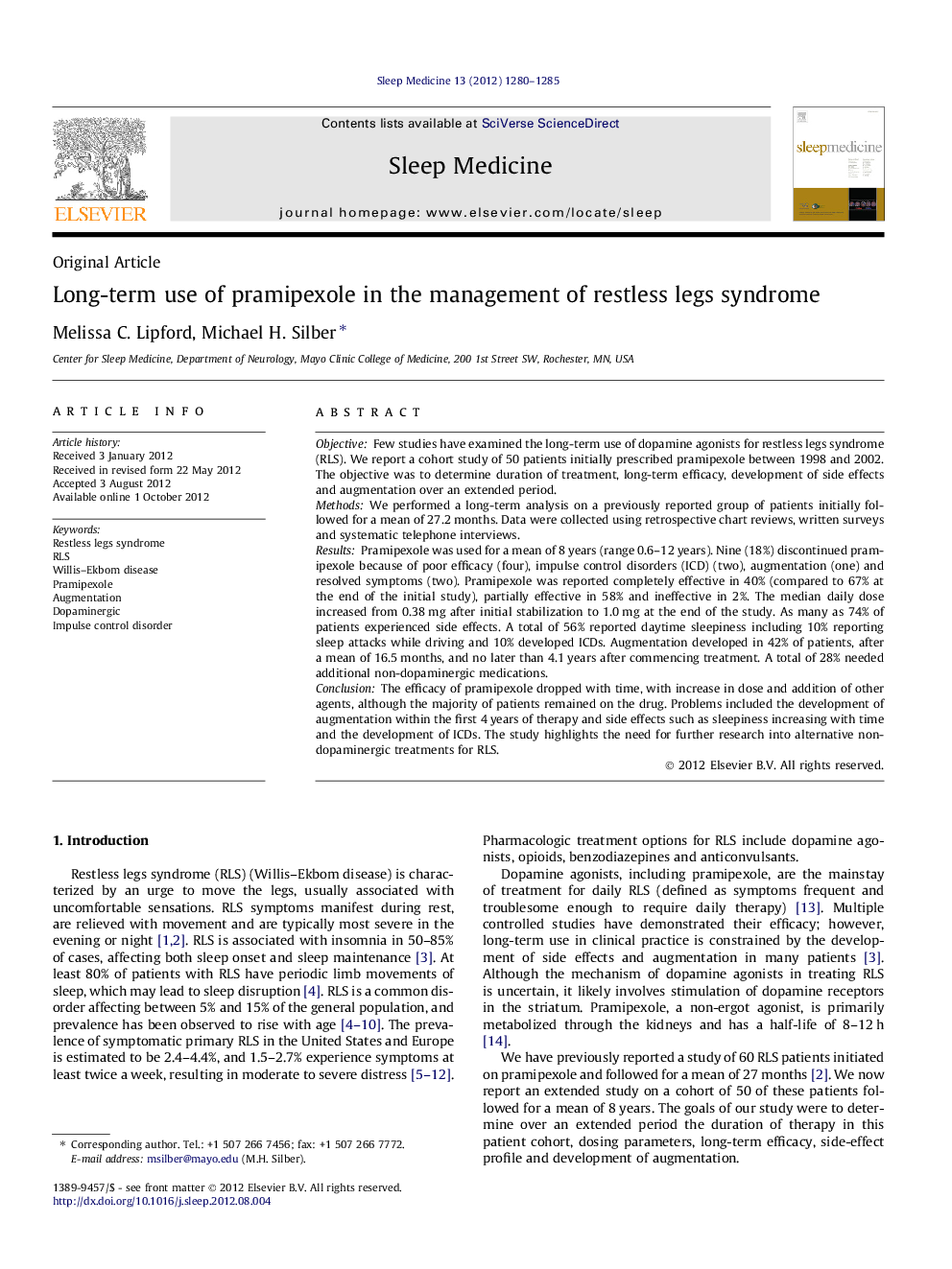 Long-term use of pramipexole in the management of restless legs syndrome