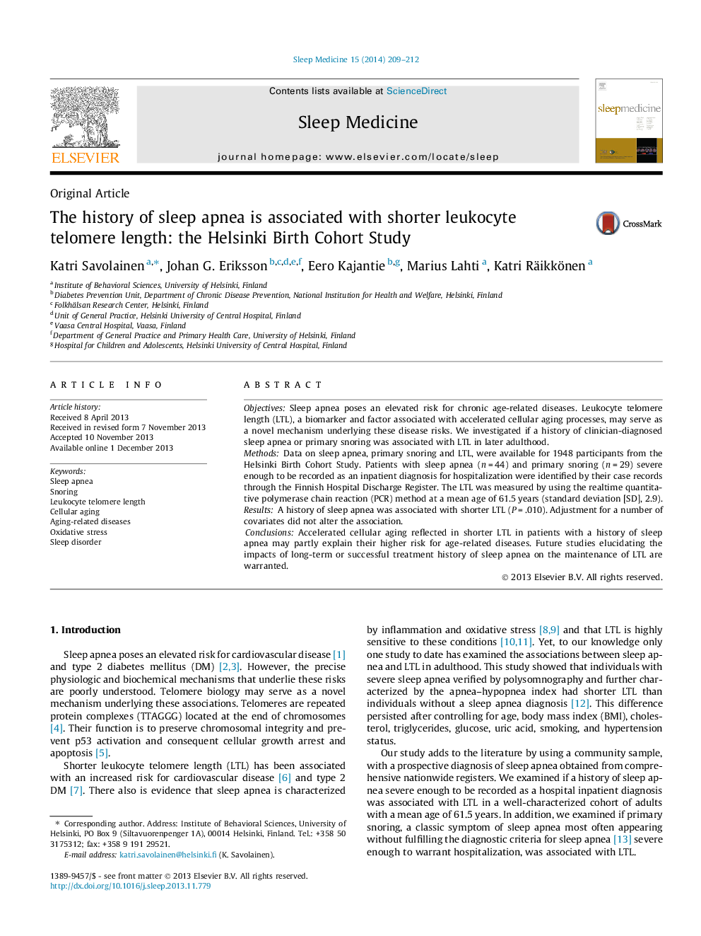 The history of sleep apnea is associated with shorter leukocyte telomere length: the Helsinki Birth Cohort Study