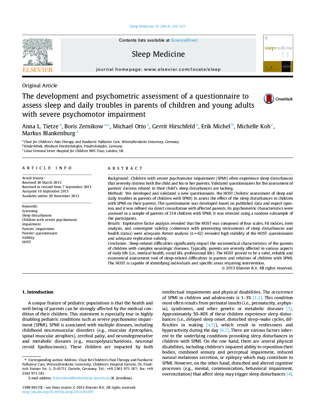 The development and psychometric assessment of a questionnaire to assess sleep and daily troubles in parents of children and young adults with severe psychomotor impairment