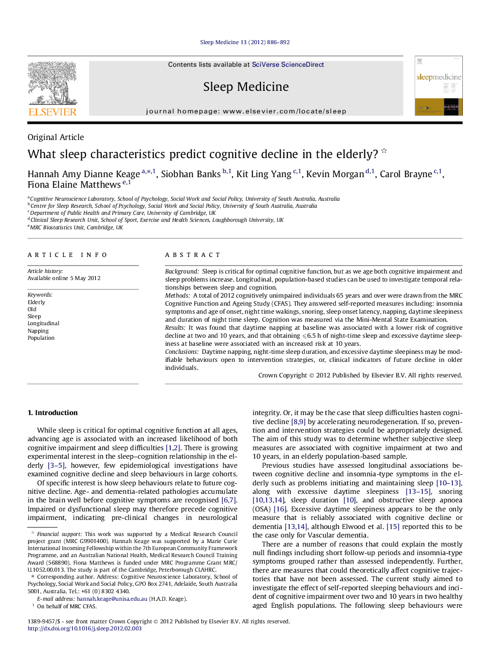 What sleep characteristics predict cognitive decline in the elderly? 