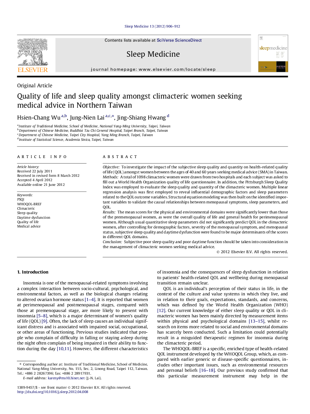 Quality of life and sleep quality amongst climacteric women seeking medical advice in Northern Taiwan