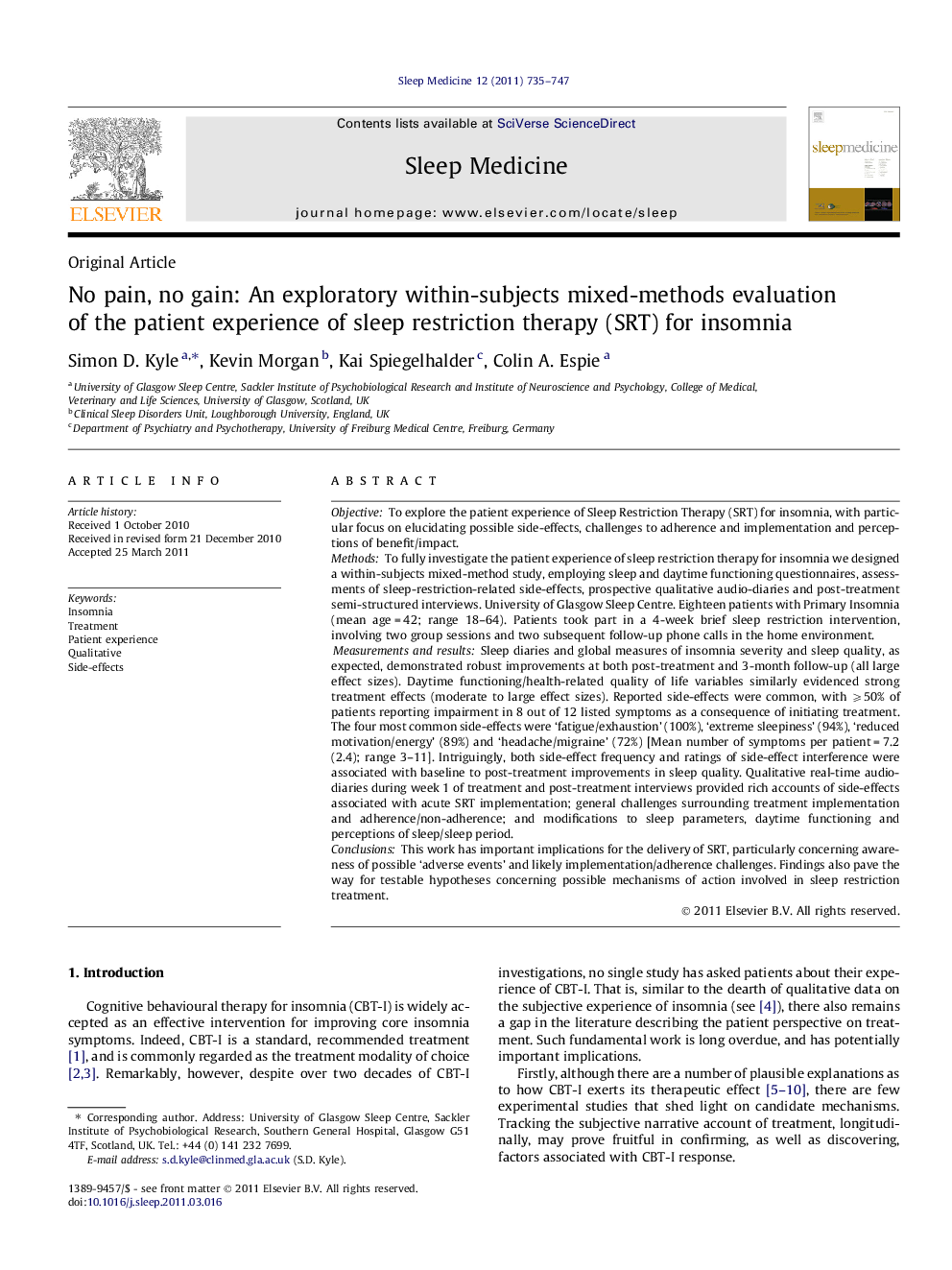 No pain, no gain: An exploratory within-subjects mixed-methods evaluation of the patient experience of sleep restriction therapy (SRT) for insomnia