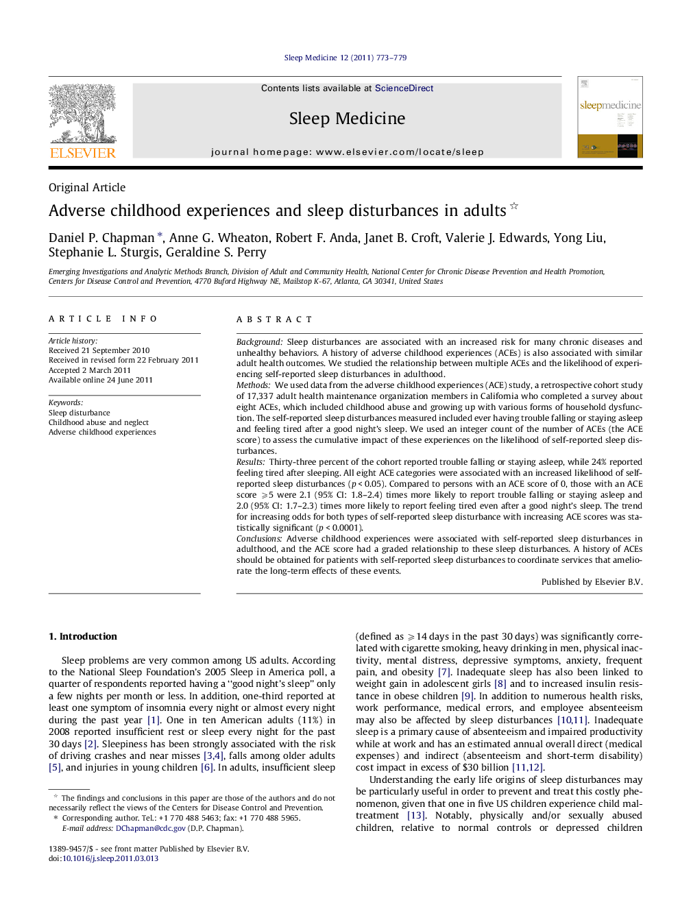 Adverse childhood experiences and sleep disturbances in adults 
