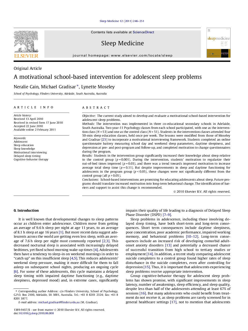 A motivational school-based intervention for adolescent sleep problems