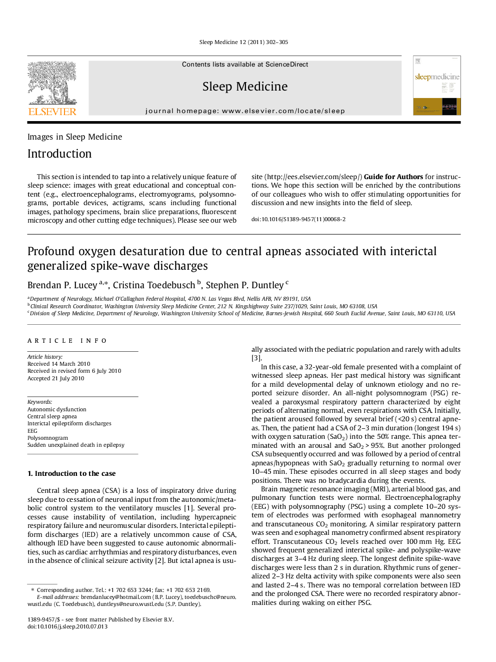 Profound oxygen desaturation due to central apneas associated with interictal generalized spike-wave discharges