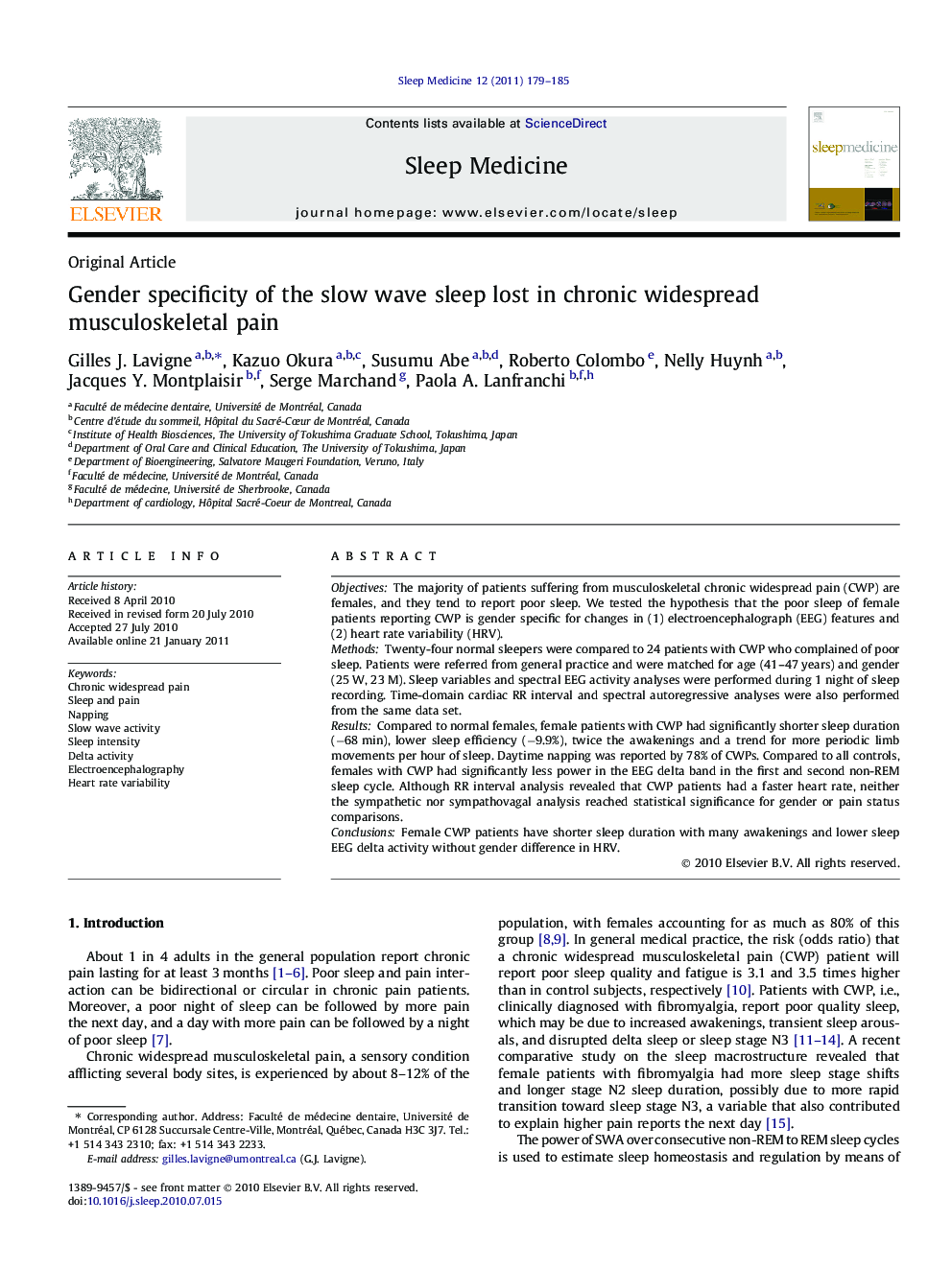 Gender specificity of the slow wave sleep lost in chronic widespread musculoskeletal pain