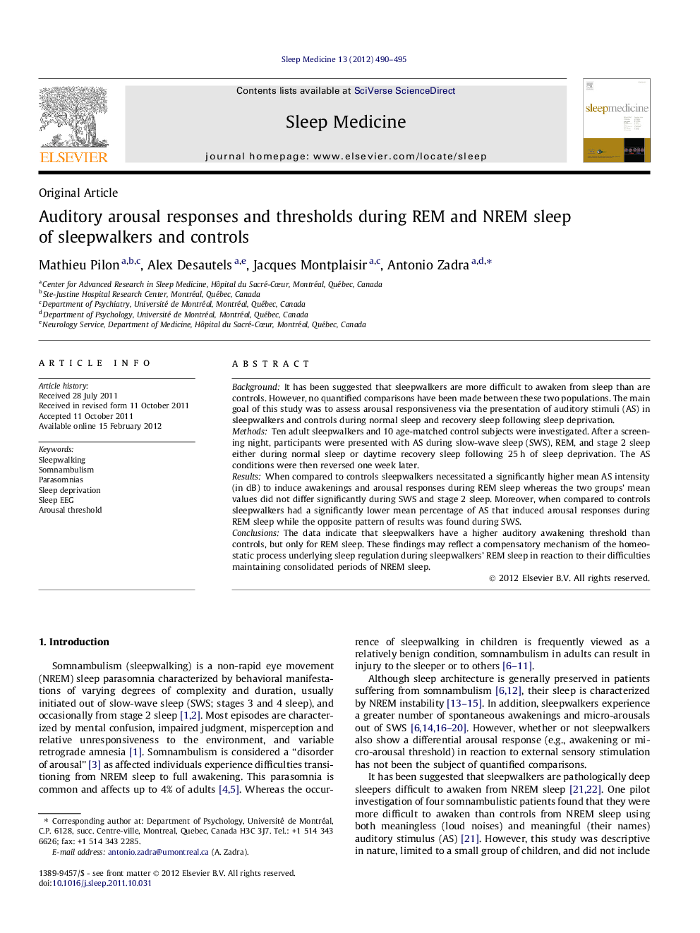 Auditory arousal responses and thresholds during REM and NREM sleep of sleepwalkers and controls