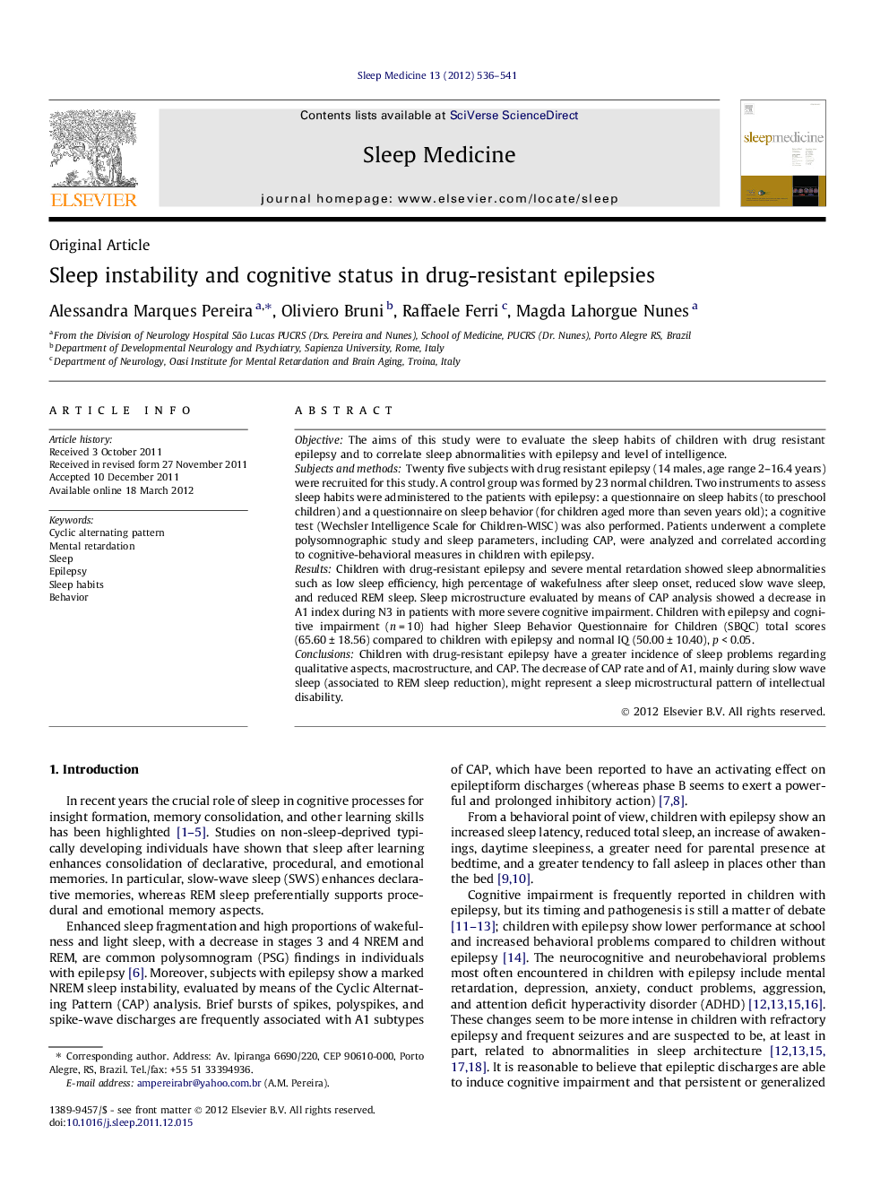 Sleep instability and cognitive status in drug-resistant epilepsies