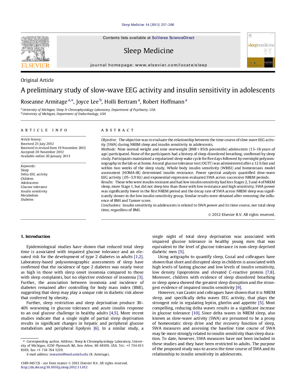 A preliminary study of slow-wave EEG activity and insulin sensitivity in adolescents