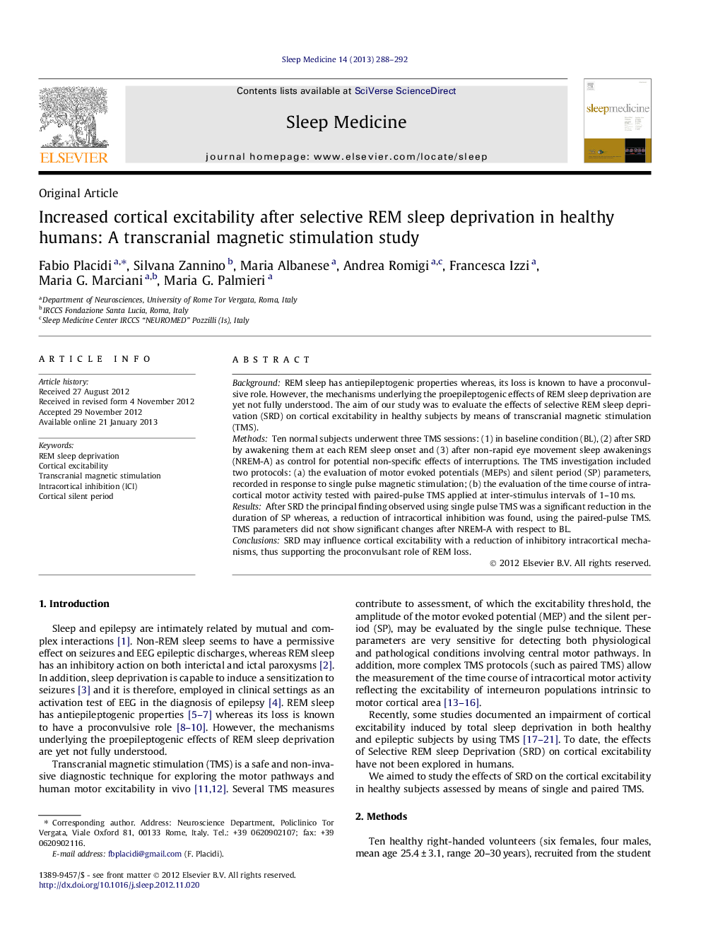 Increased cortical excitability after selective REM sleep deprivation in healthy humans: A transcranial magnetic stimulation study