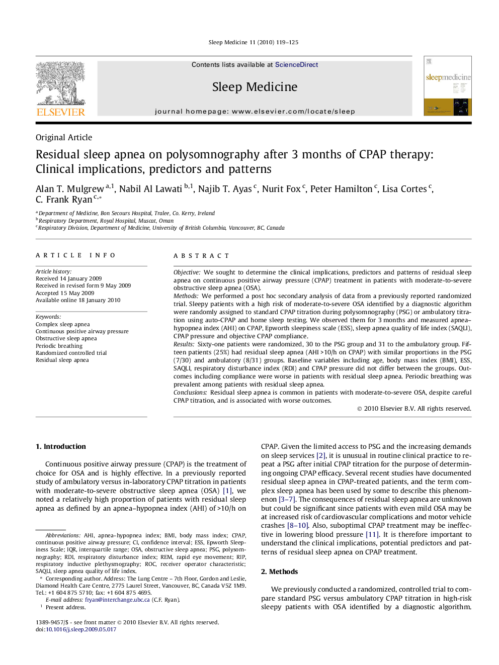 Residual sleep apnea on polysomnography after 3 months of CPAP therapy: Clinical implications, predictors and patterns