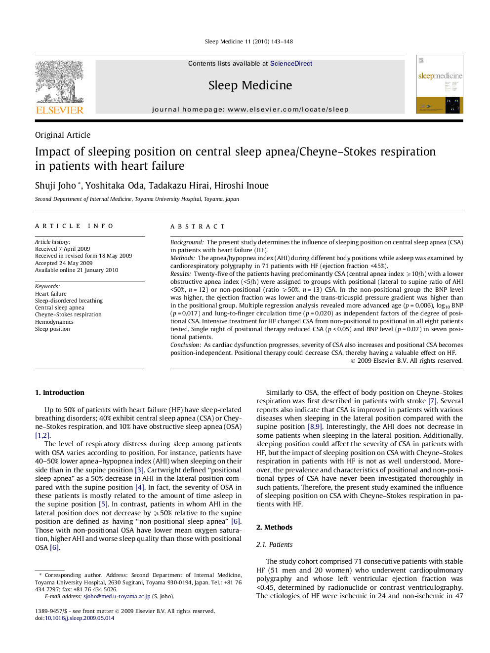 Impact of sleeping position on central sleep apnea/Cheyne–Stokes respiration in patients with heart failure