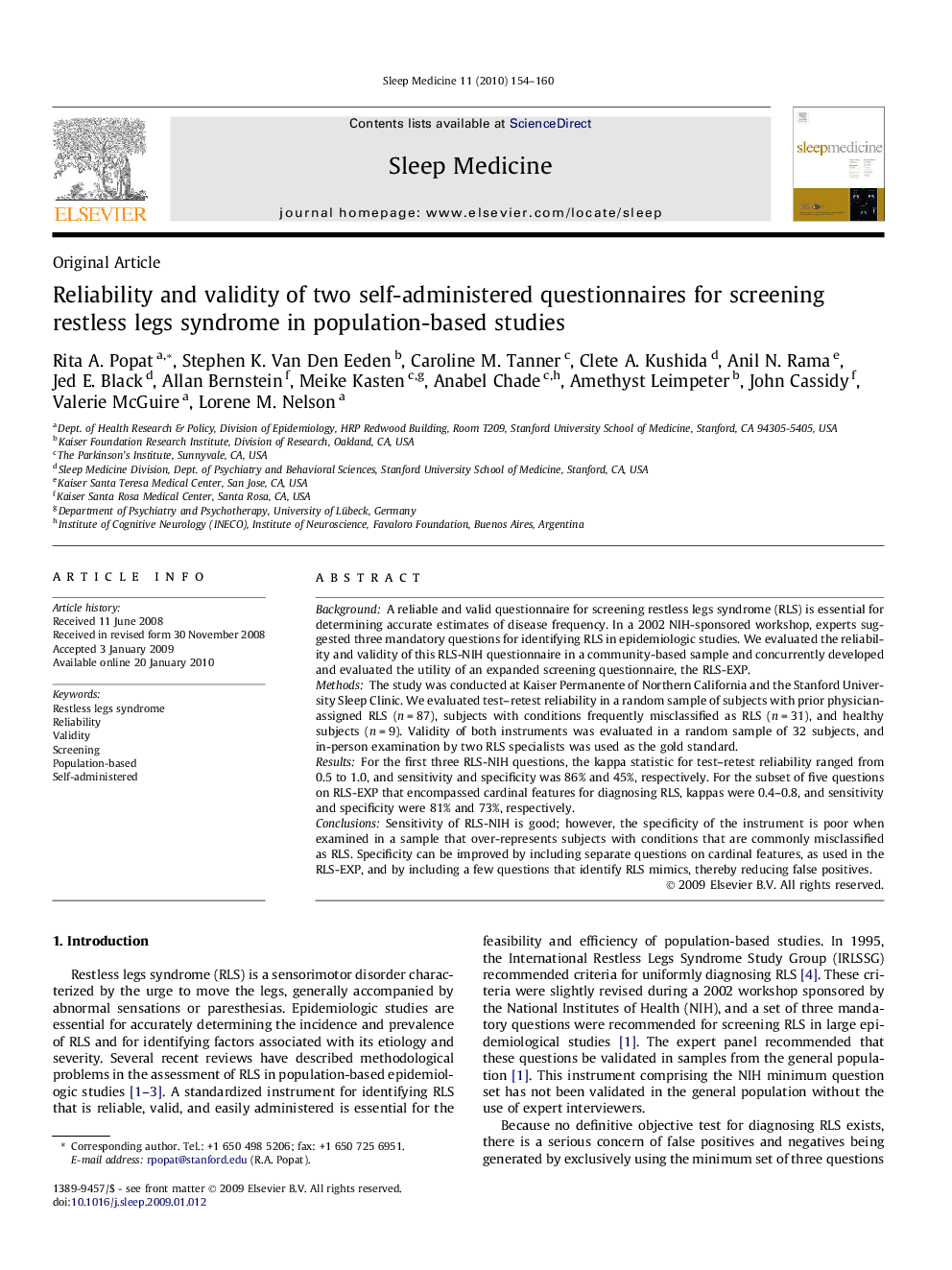 Reliability and validity of two self-administered questionnaires for screening restless legs syndrome in population-based studies