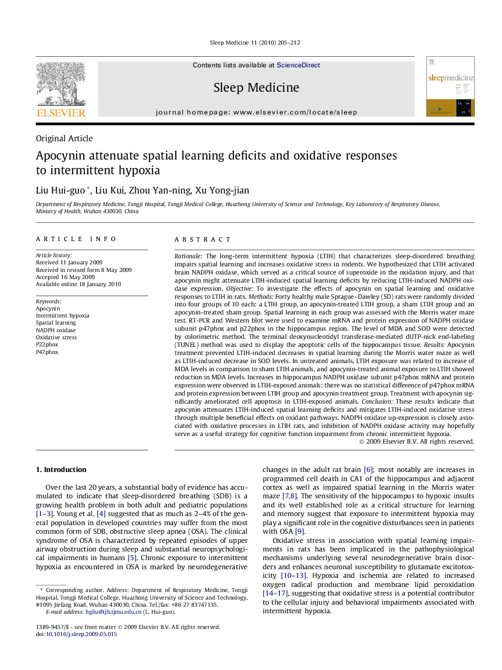 Apocynin attenuate spatial learning deficits and oxidative responses to intermittent hypoxia