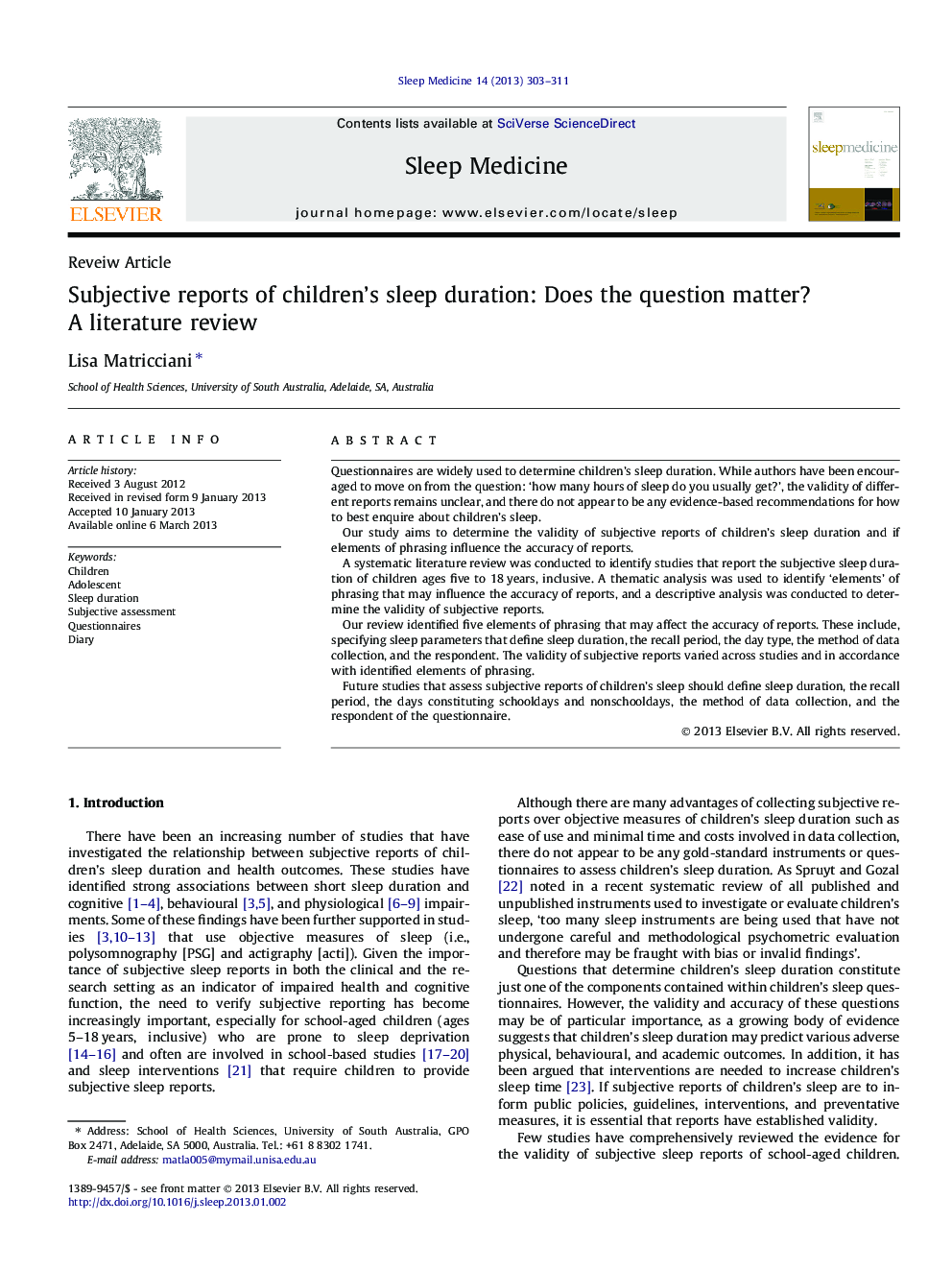 Subjective reports of children’s sleep duration: Does the question matter? A literature review