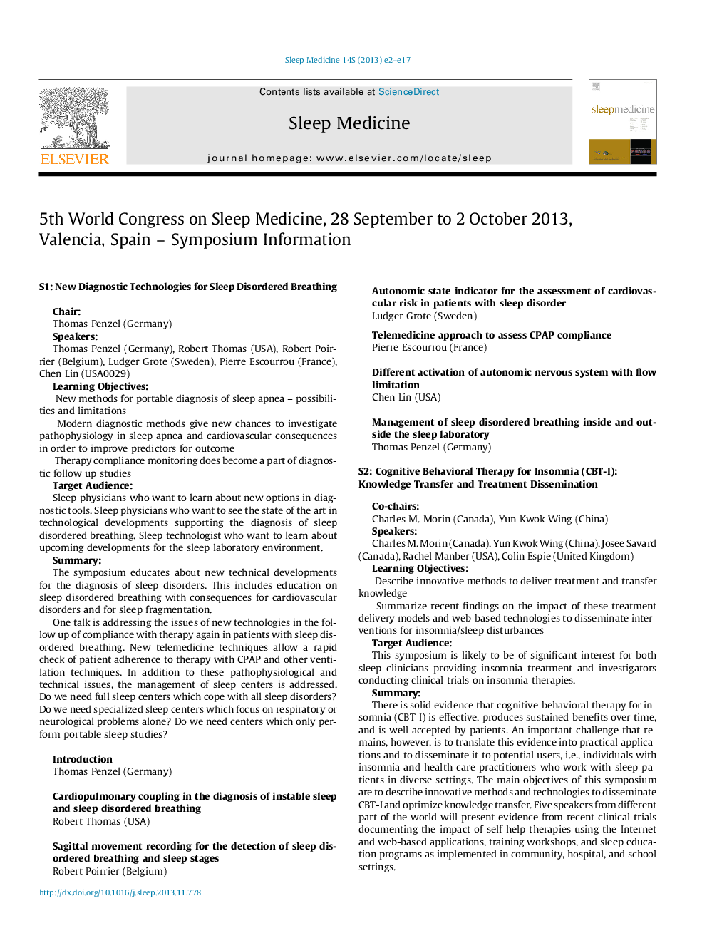 5th World Congress on Sleep Medicine, 28 September to 2 October 2013, Valencia, Spain - Symposium Information