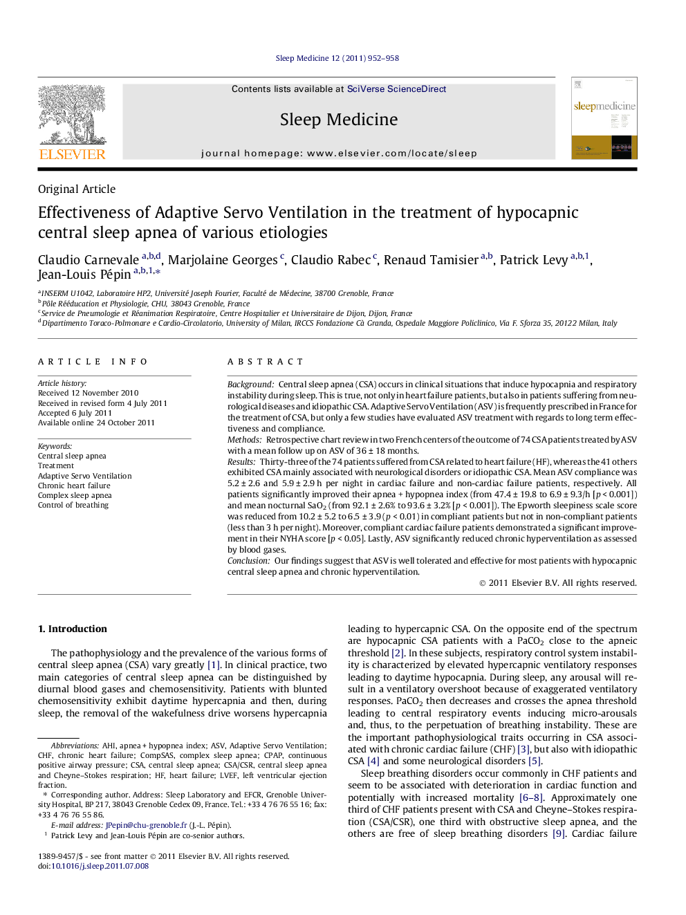 Effectiveness of Adaptive Servo Ventilation in the treatment of hypocapnic central sleep apnea of various etiologies