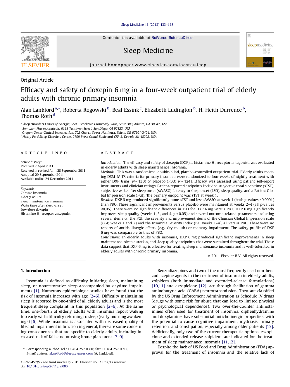 Efficacy and safety of doxepin 6 mg in a four-week outpatient trial of elderly adults with chronic primary insomnia