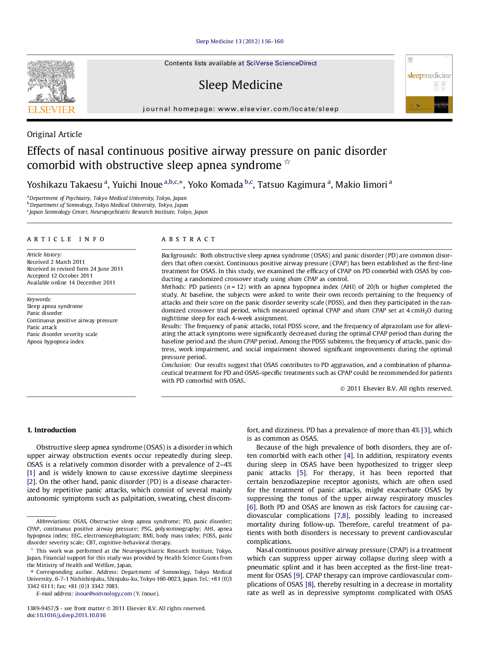 Effects of nasal continuous positive airway pressure on panic disorder comorbid with obstructive sleep apnea syndrome 