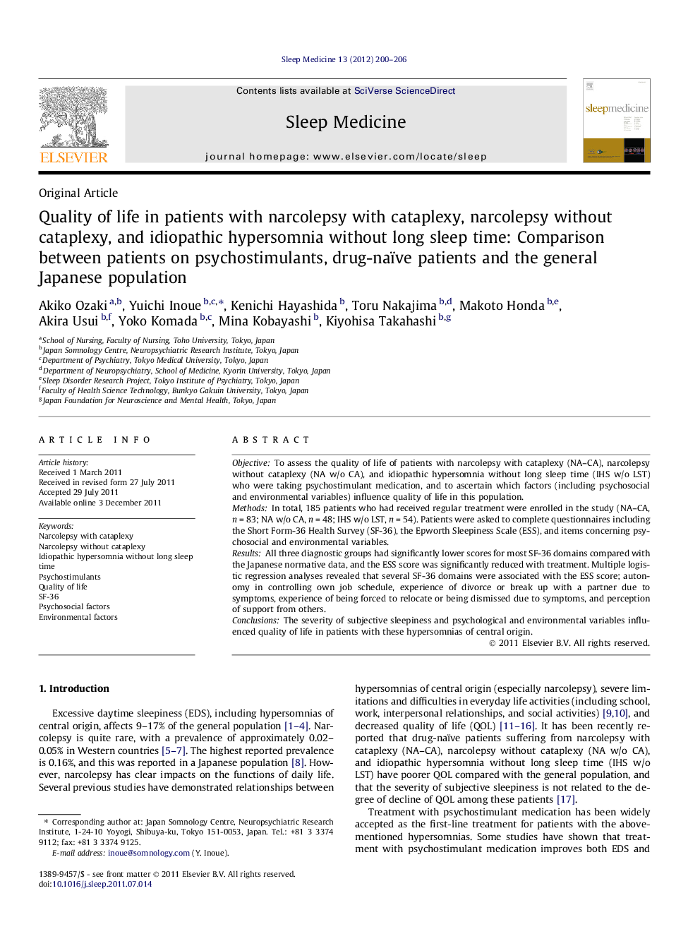 Quality of life in patients with narcolepsy with cataplexy, narcolepsy without cataplexy, and idiopathic hypersomnia without long sleep time: Comparison between patients on psychostimulants, drug-naïve patients and the general Japanese population