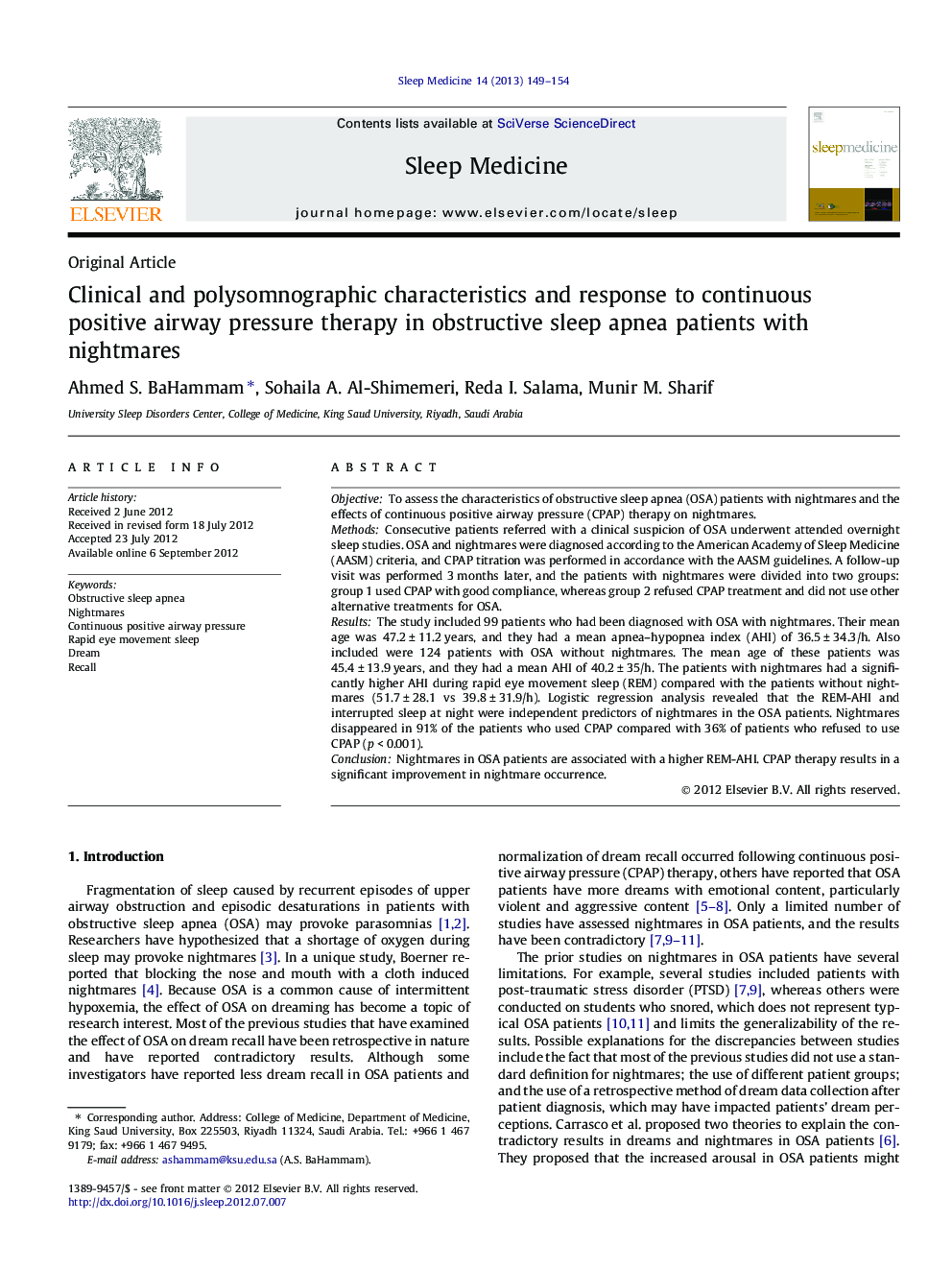 Clinical and polysomnographic characteristics and response to continuous positive airway pressure therapy in obstructive sleep apnea patients with nightmares