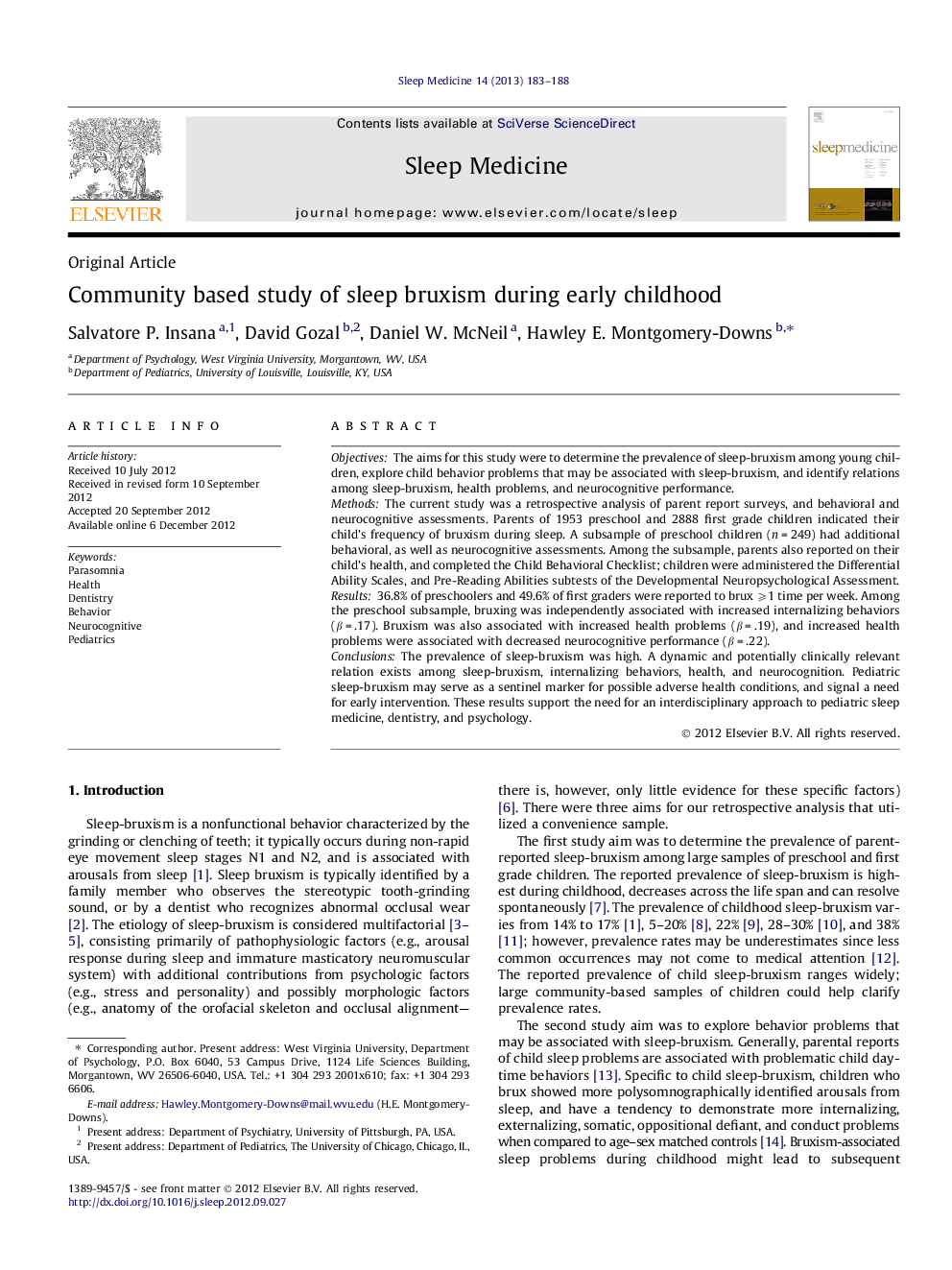 Community based study of sleep bruxism during early childhood