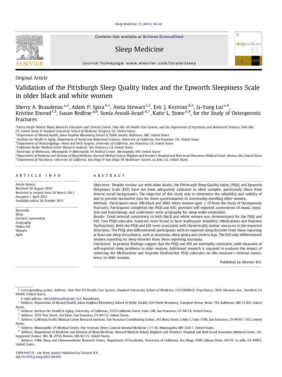 Validation of the Pittsburgh Sleep Quality Index and the Epworth Sleepiness Scale in older black and white women