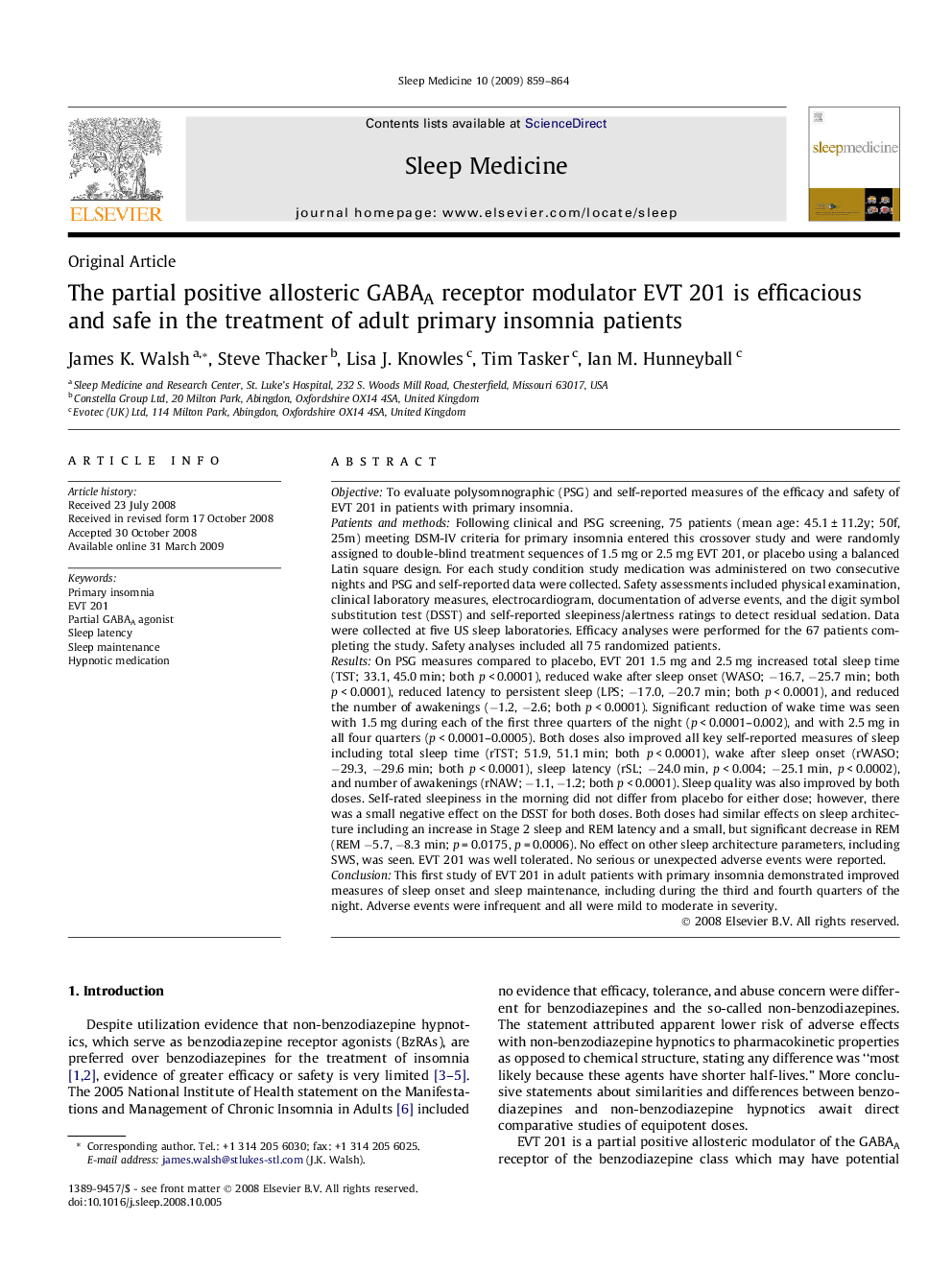 The partial positive allosteric GABAA receptor modulator EVT 201 is efficacious and safe in the treatment of adult primary insomnia patients