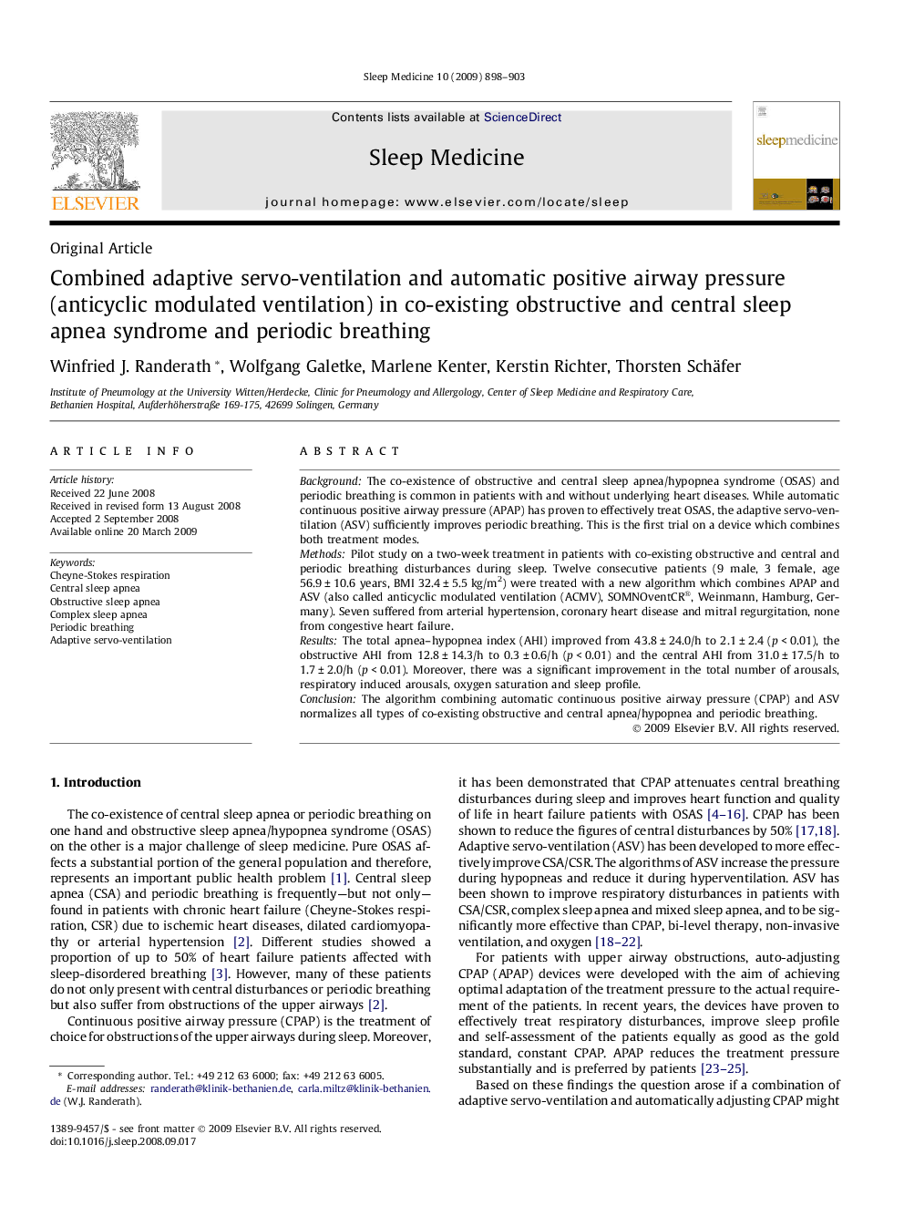 Combined adaptive servo-ventilation and automatic positive airway pressure (anticyclic modulated ventilation) in co-existing obstructive and central sleep apnea syndrome and periodic breathing