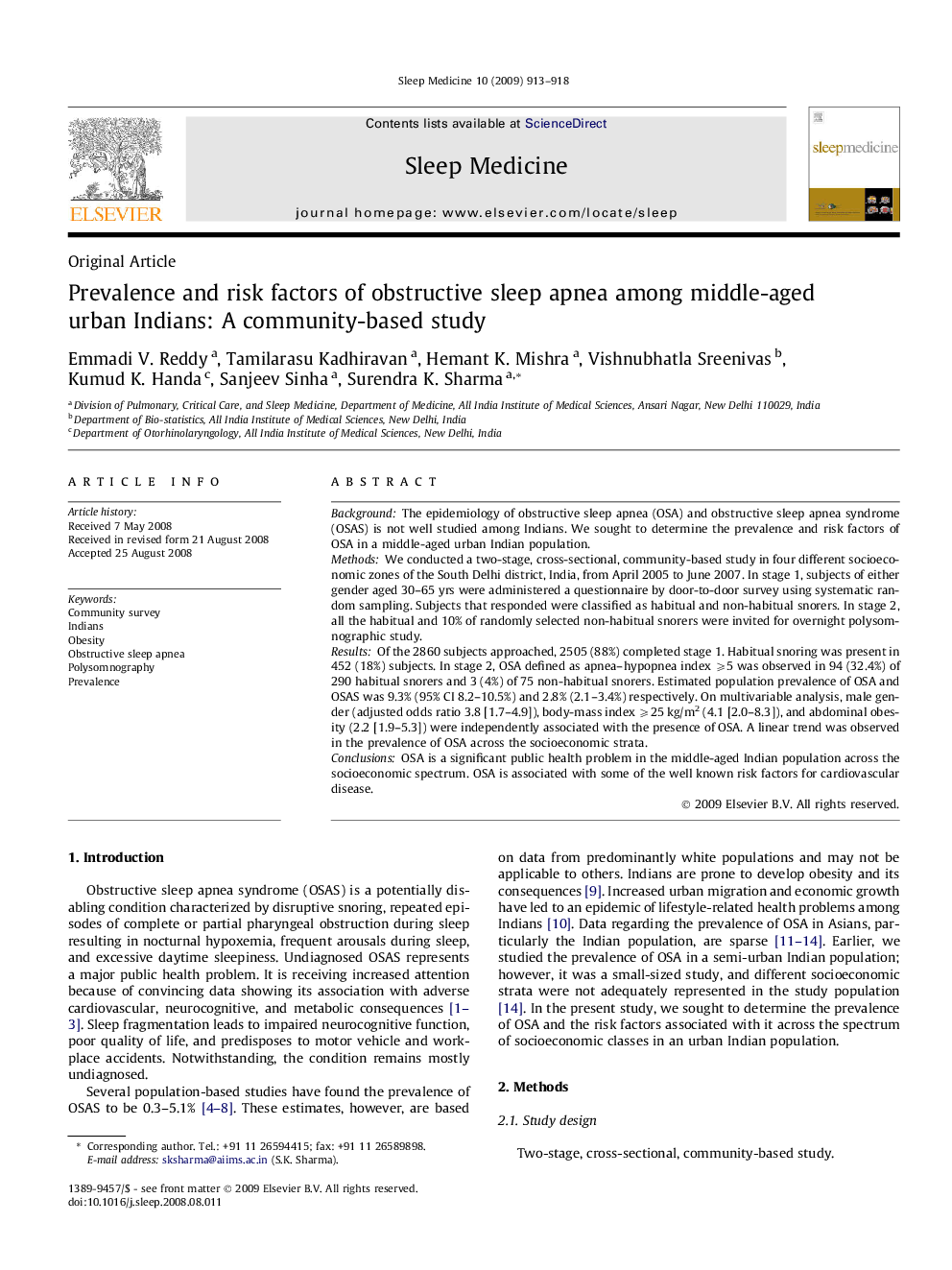 Prevalence and risk factors of obstructive sleep apnea among middle-aged urban Indians: A community-based study