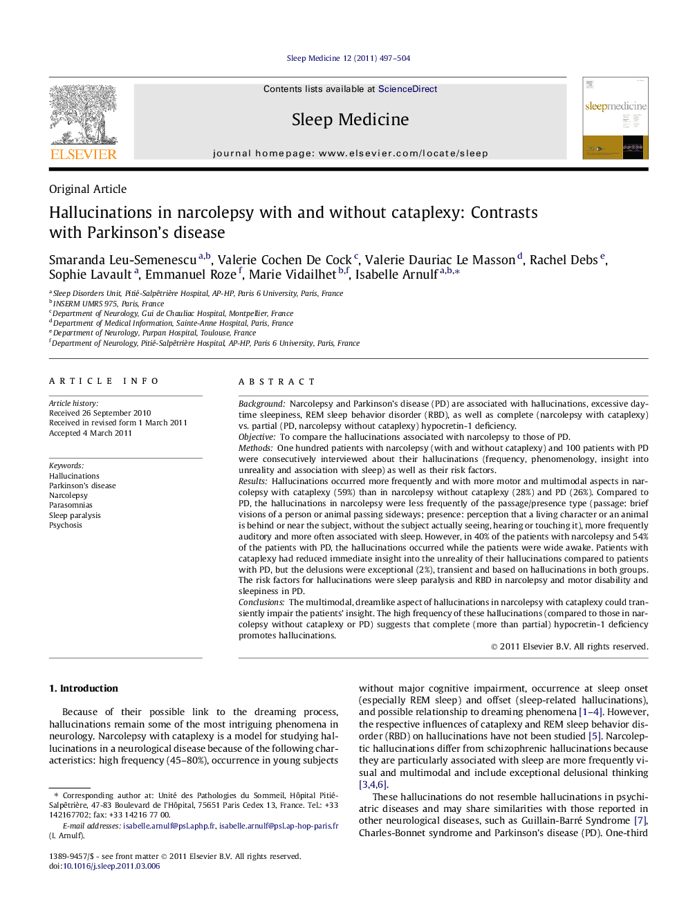 Hallucinations in narcolepsy with and without cataplexy: Contrasts with Parkinson’s disease