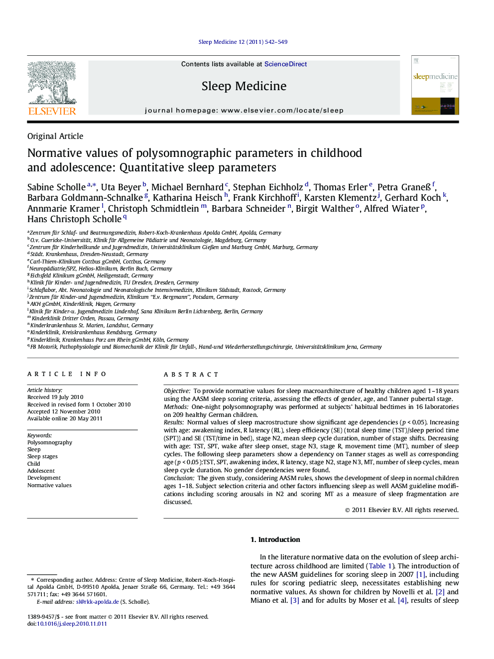 Normative values of polysomnographic parameters in childhood and adolescence: Quantitative sleep parameters