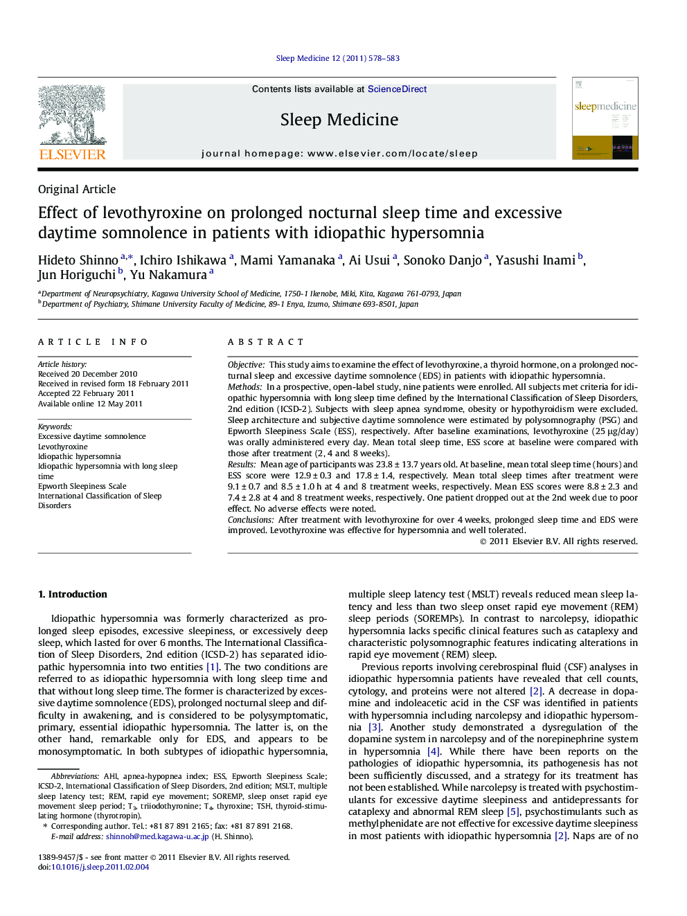 Effect of levothyroxine on prolonged nocturnal sleep time and excessive daytime somnolence in patients with idiopathic hypersomnia