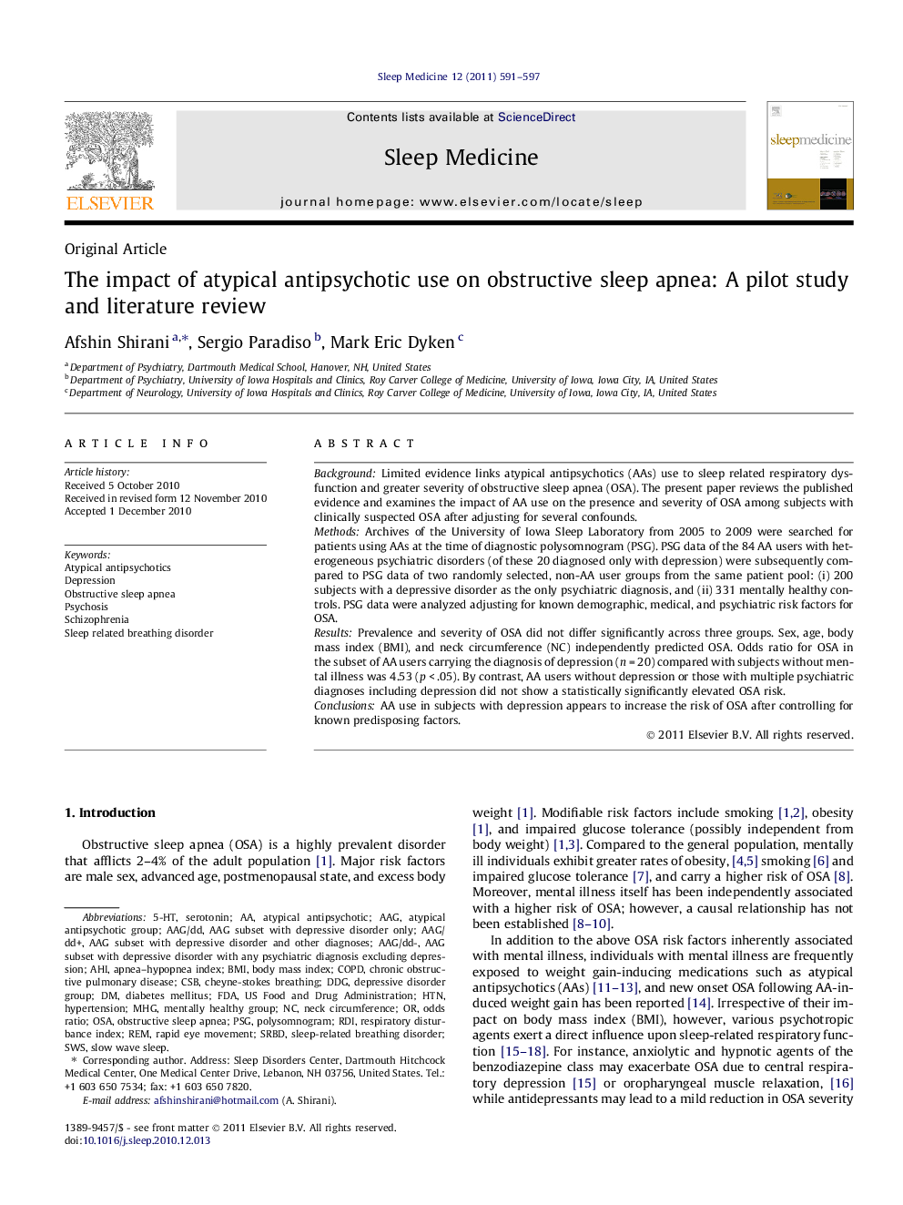 The impact of atypical antipsychotic use on obstructive sleep apnea: A pilot study and literature review