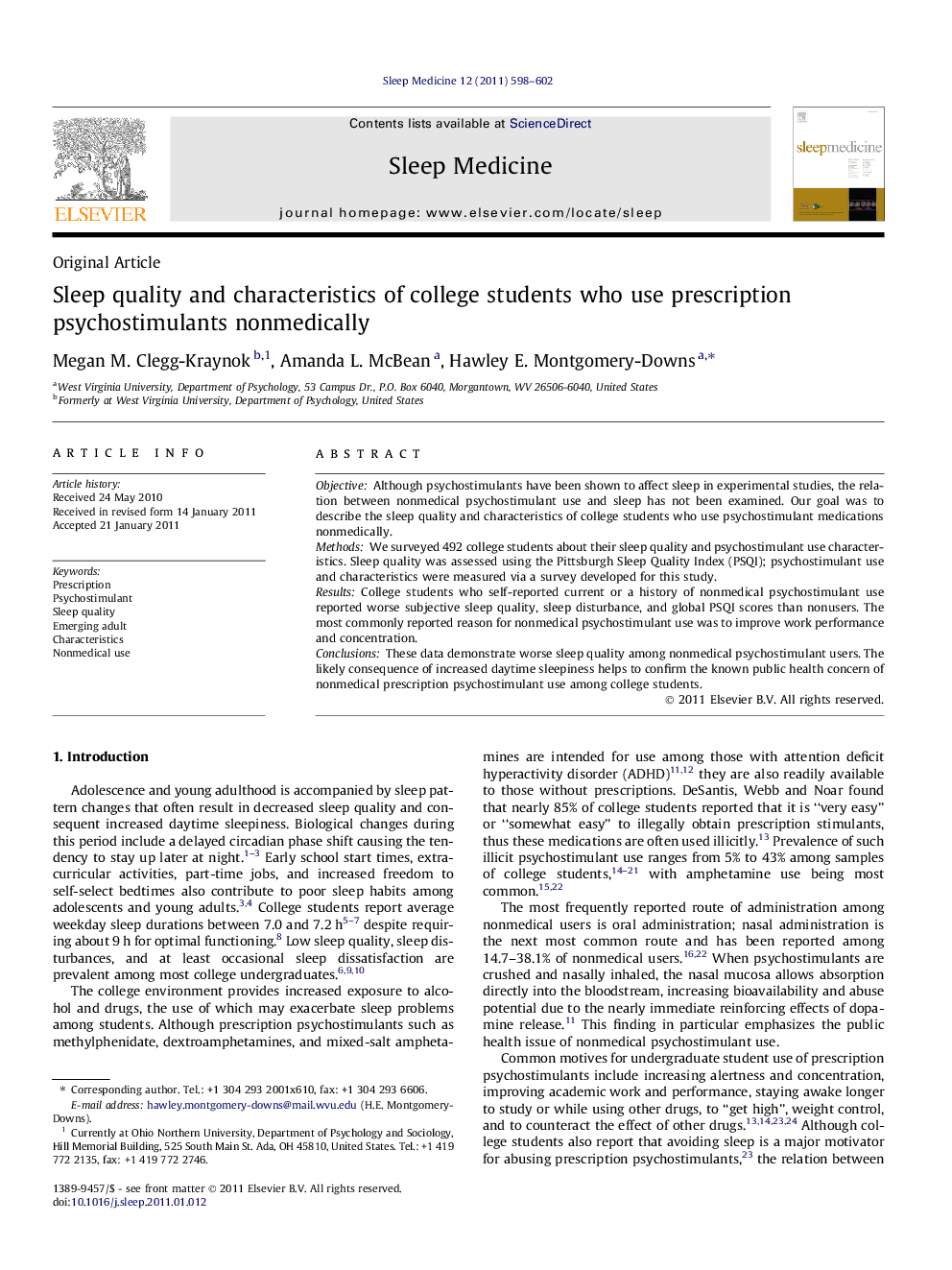 Sleep quality and characteristics of college students who use prescription psychostimulants nonmedically