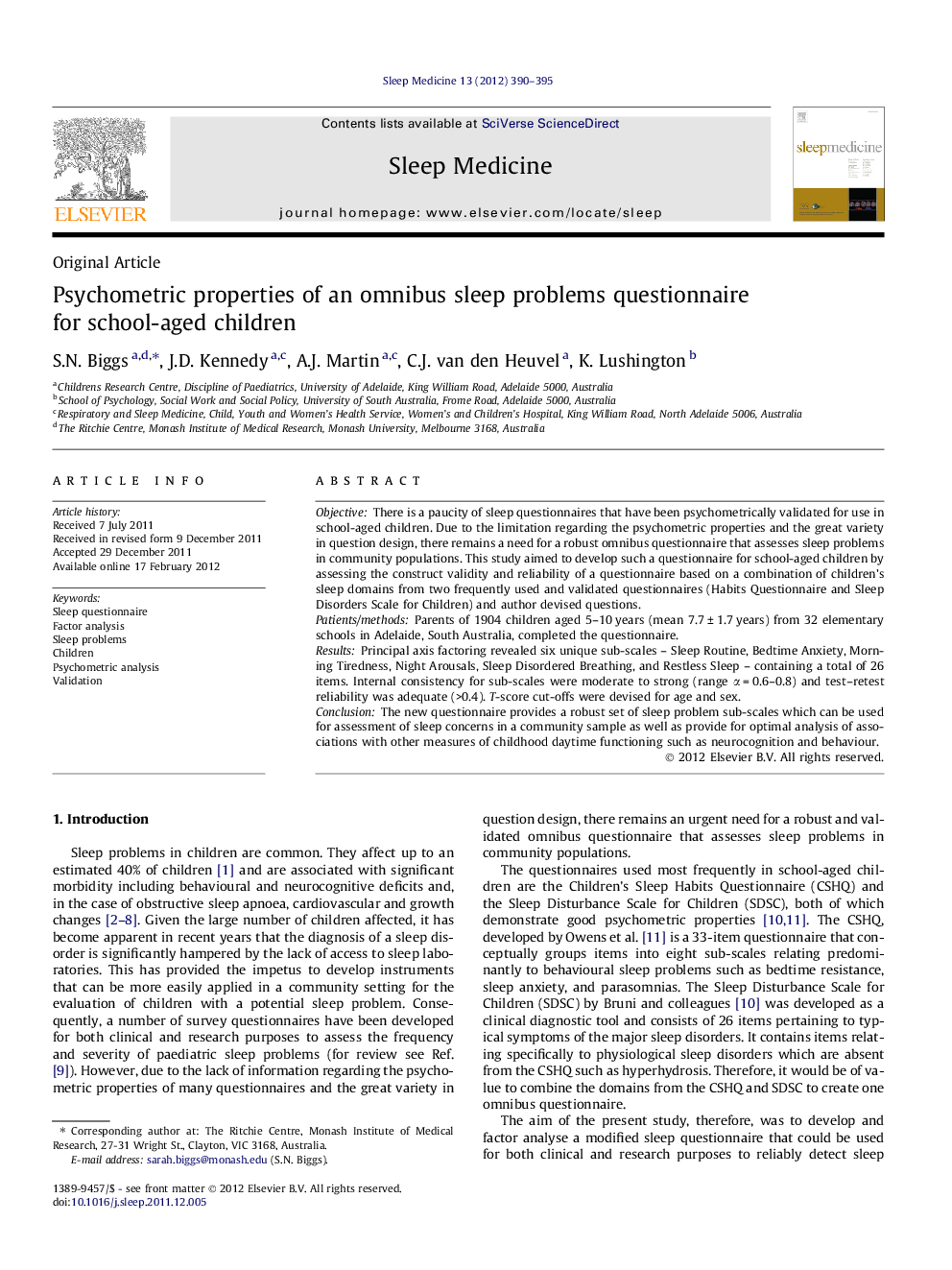 Psychometric properties of an omnibus sleep problems questionnaire for school-aged children