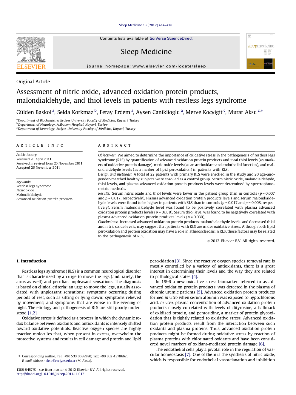 Assessment of nitric oxide, advanced oxidation protein products, malondialdehyde, and thiol levels in patients with restless legs syndrome