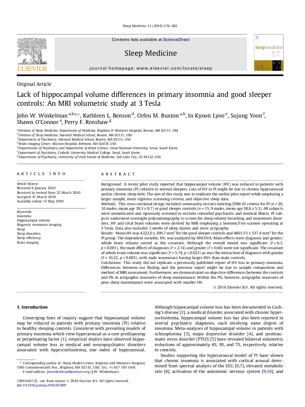 Lack of hippocampal volume differences in primary insomnia and good sleeper controls: An MRI volumetric study at 3Â Tesla