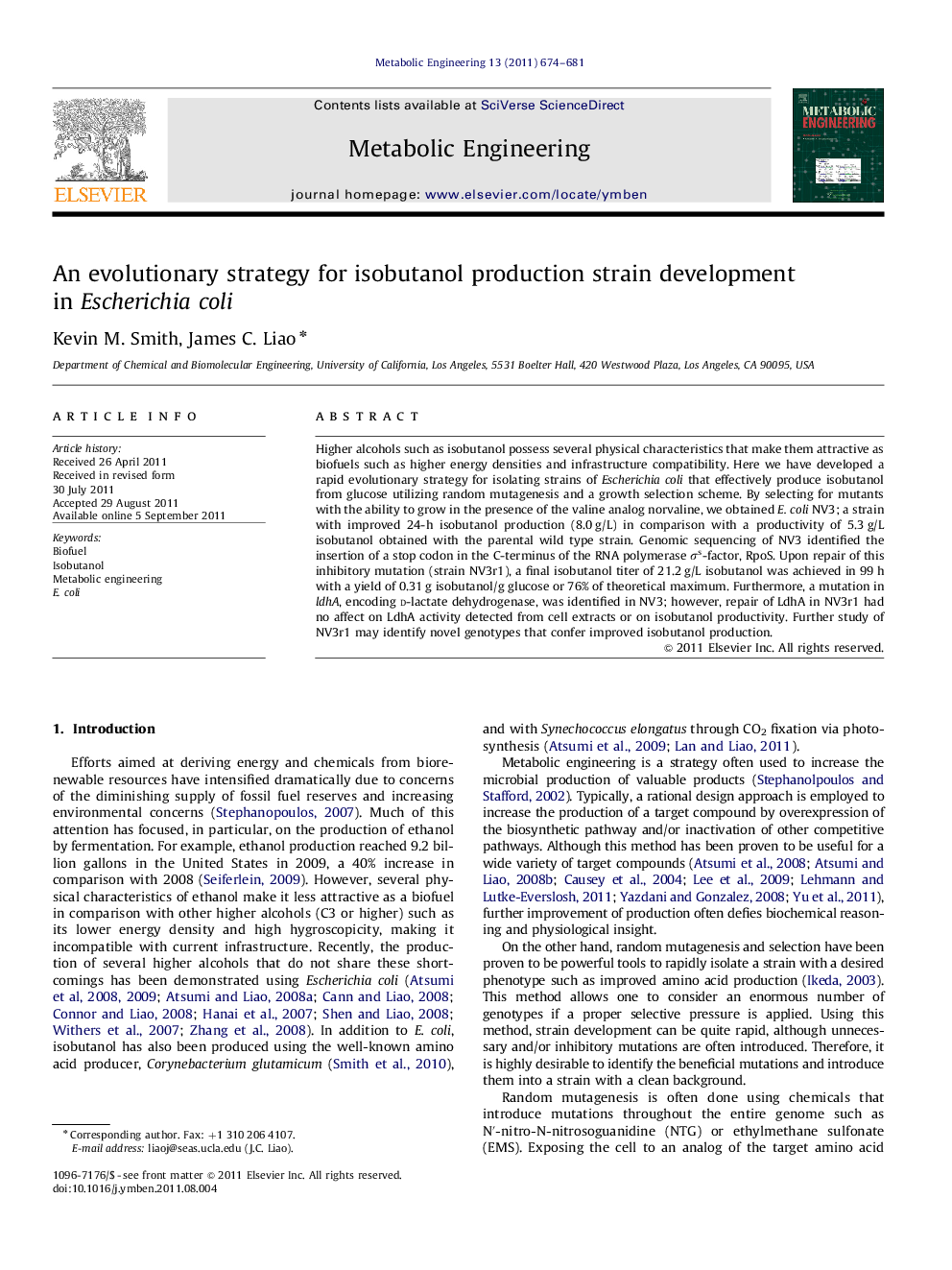 An evolutionary strategy for isobutanol production strain development in Escherichia coli