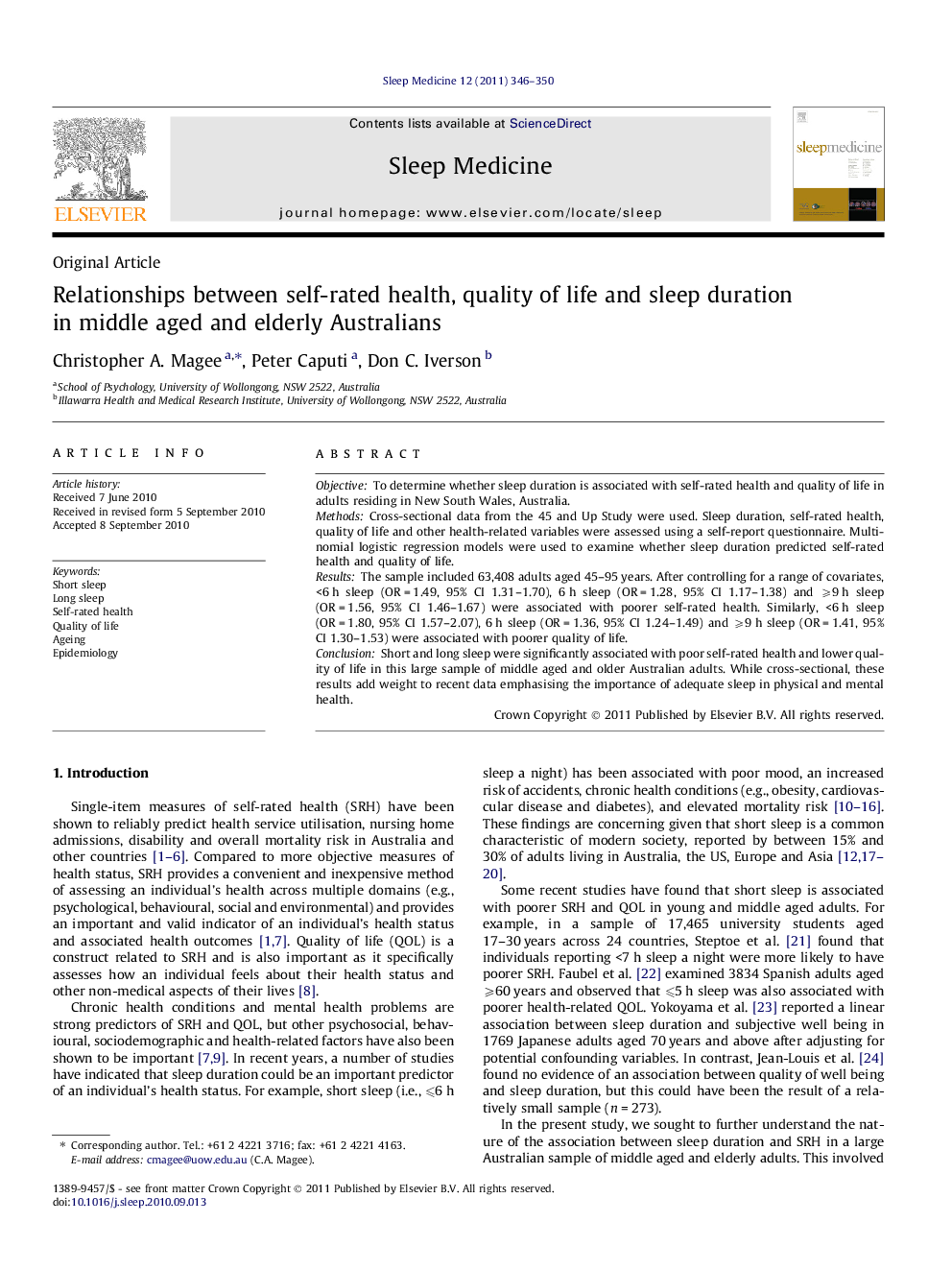 Relationships between self-rated health, quality of life and sleep duration in middle aged and elderly Australians