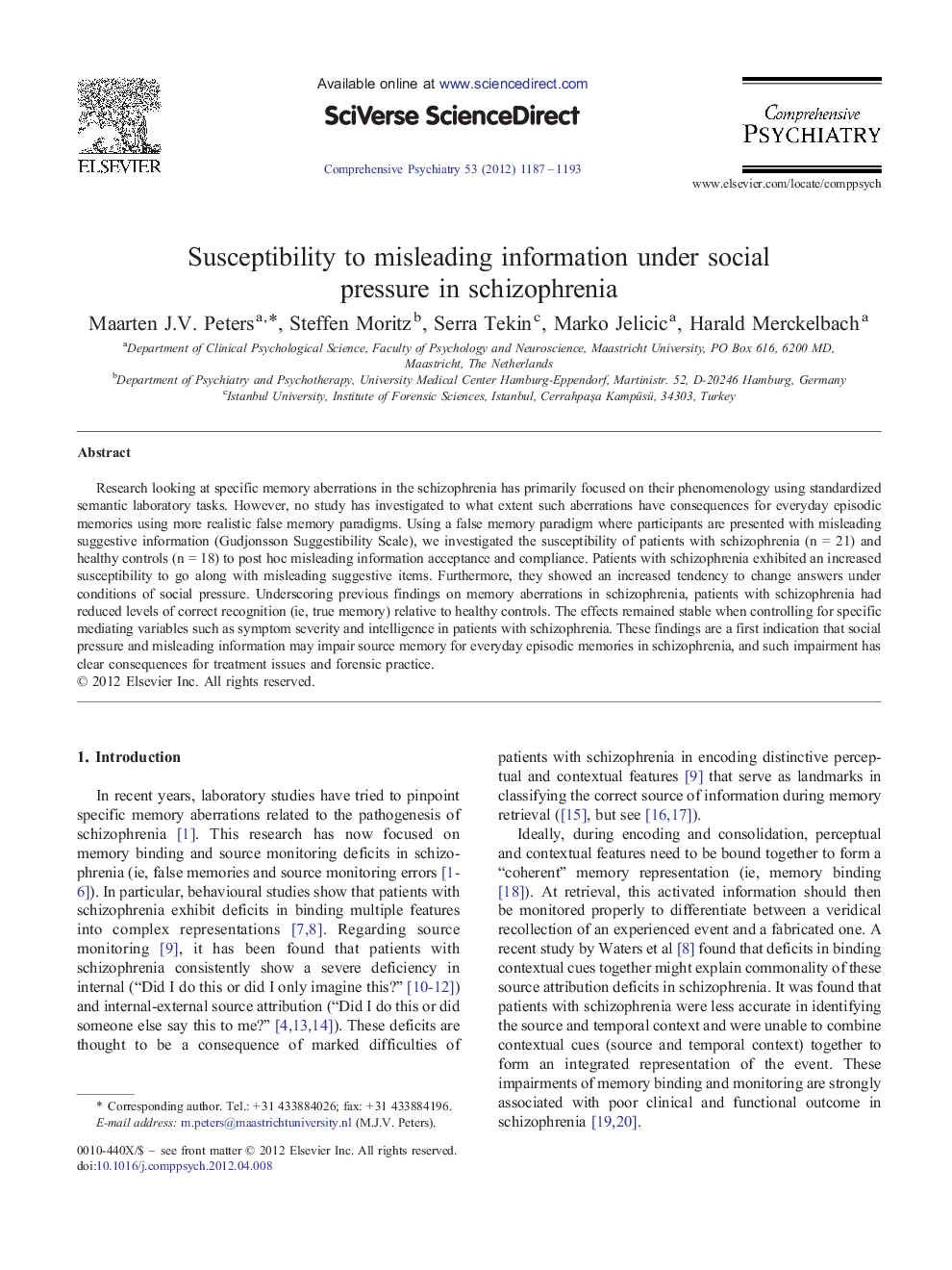 Susceptibility to misleading information under social pressure in schizophrenia