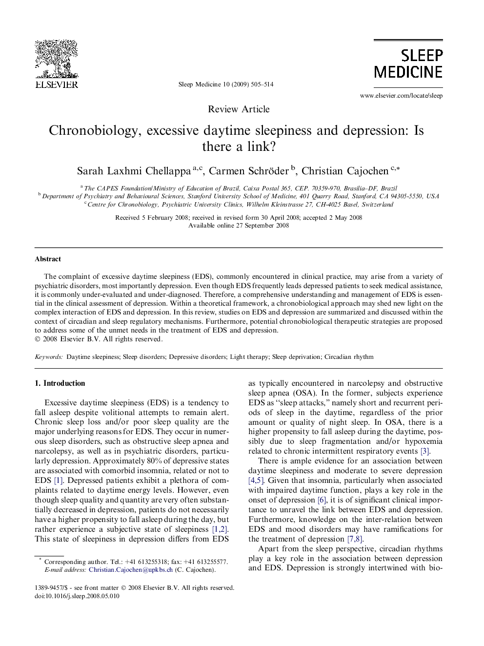 Chronobiology, excessive daytime sleepiness and depression: Is there a link?