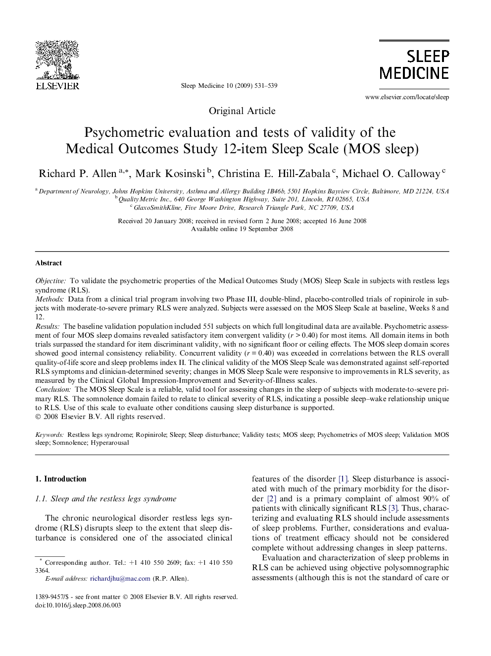 Psychometric evaluation and tests of validity of the Medical Outcomes Study 12-item Sleep Scale (MOS sleep)