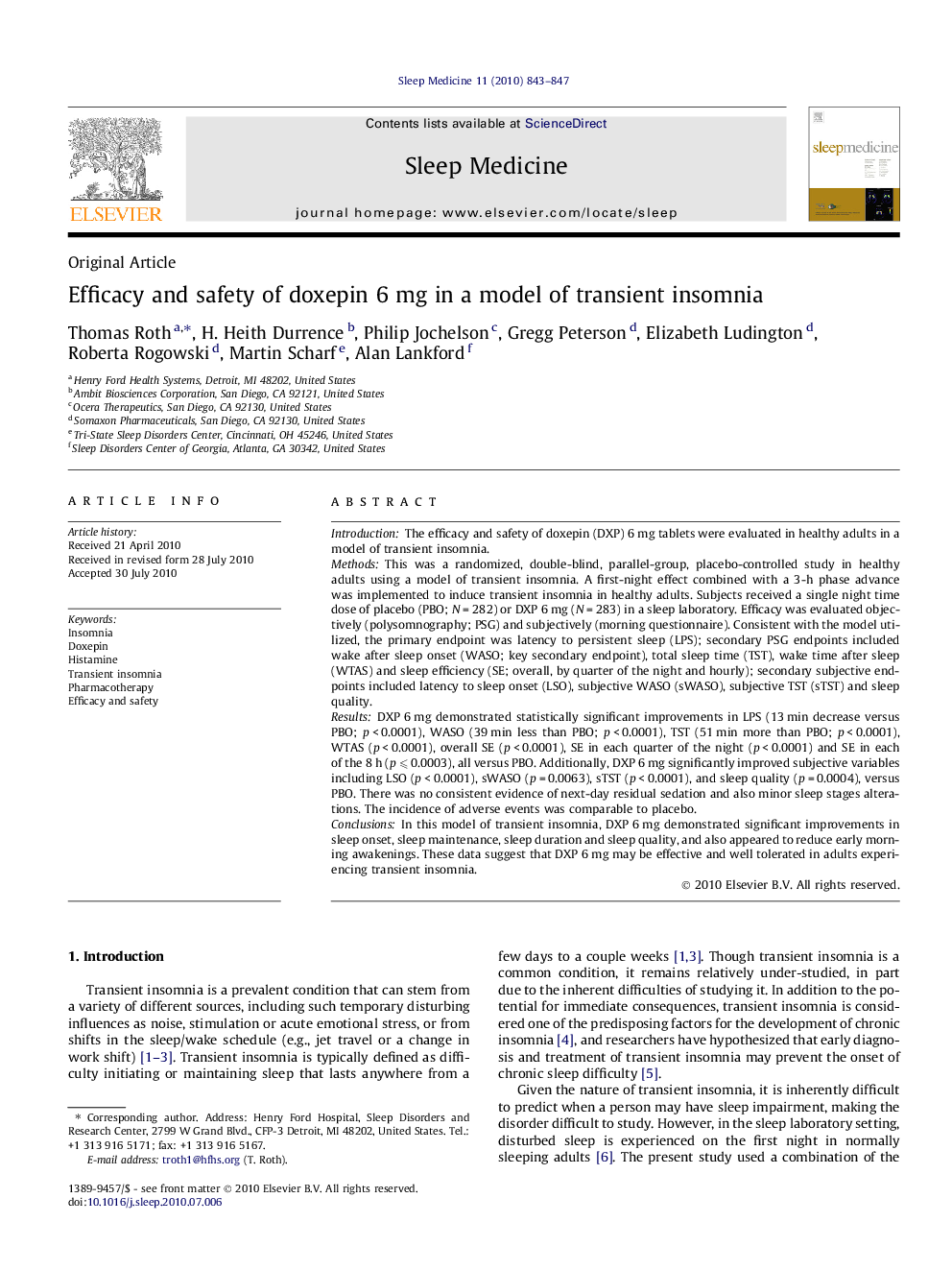 Efficacy and safety of doxepin 6 mg in a model of transient insomnia