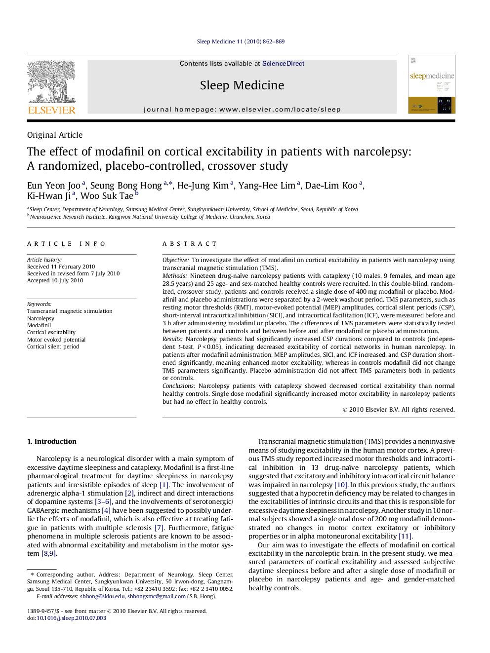 The effect of modafinil on cortical excitability in patients with narcolepsy: A randomized, placebo-controlled, crossover study