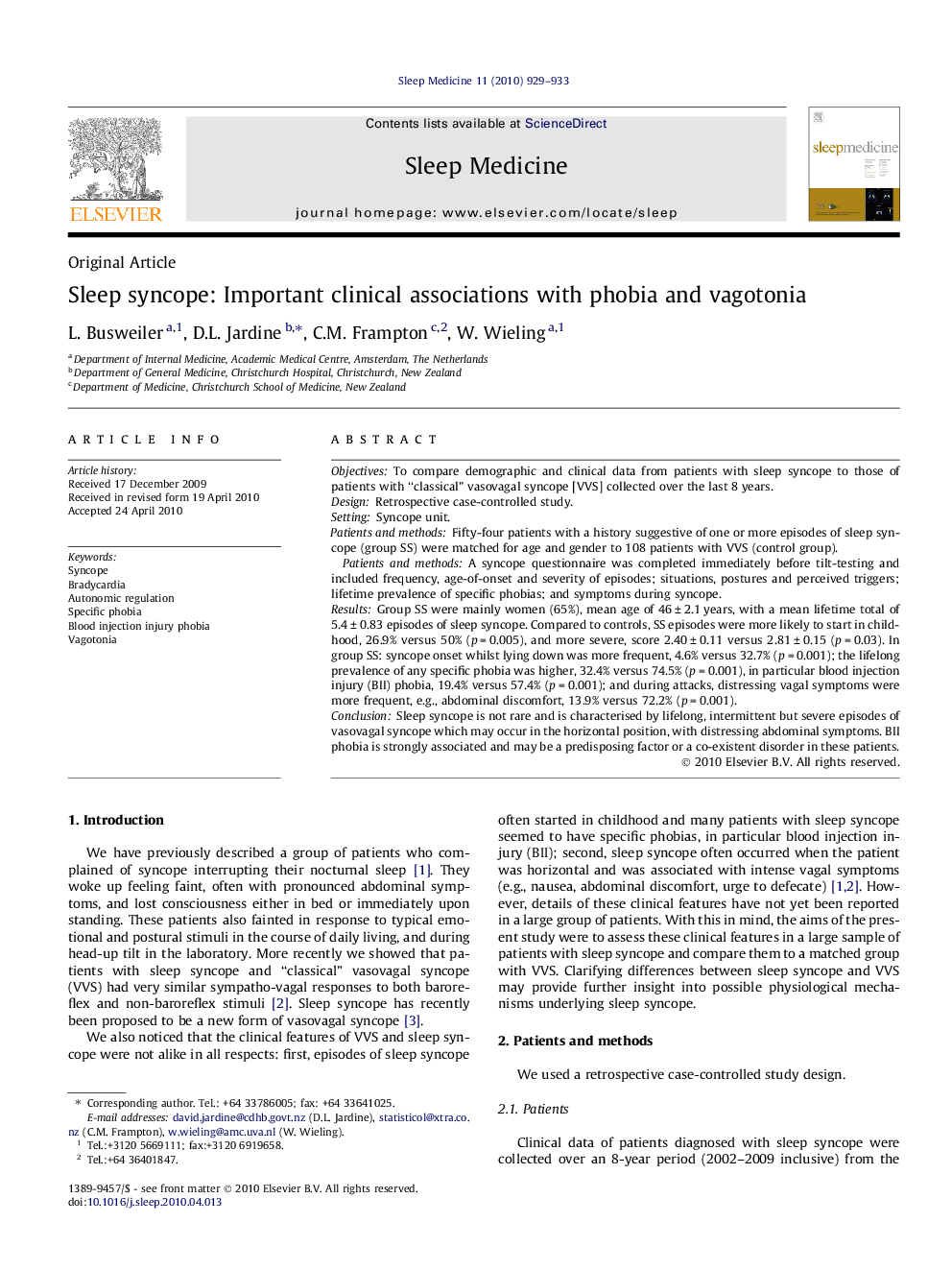 Sleep syncope: Important clinical associations with phobia and vagotonia