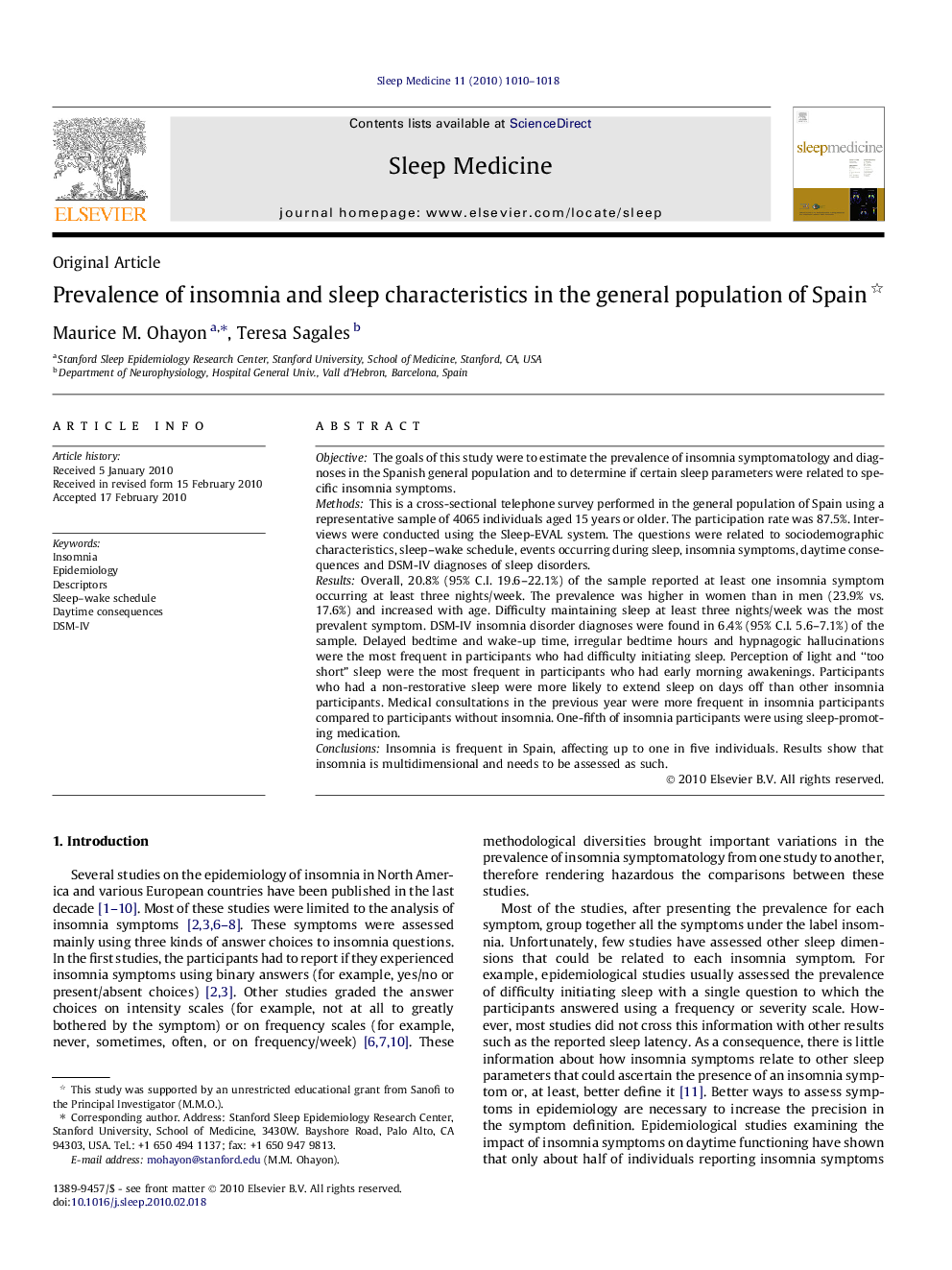 Prevalence of insomnia and sleep characteristics in the general population of Spain 