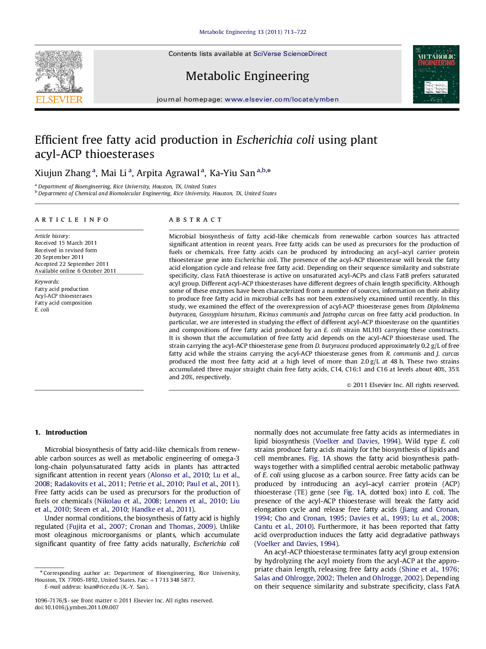 Efficient free fatty acid production in Escherichia coli using plant acyl-ACP thioesterases